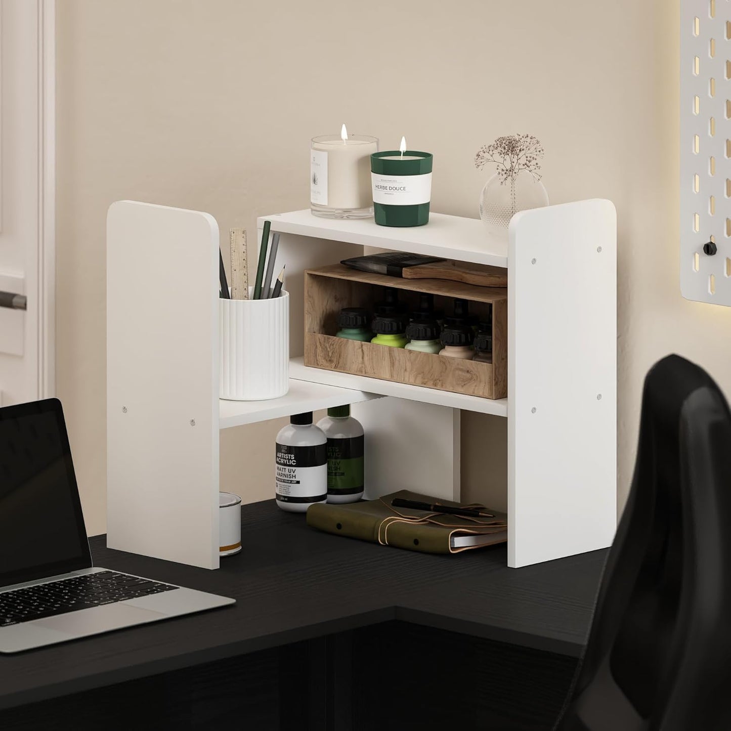 Furinno Classic Desk Organizers and Hutch, Open Shelf Expandable Office Organization, Adjustable Desk Top Display Book Shelf, for Paper, Office Supplies, White