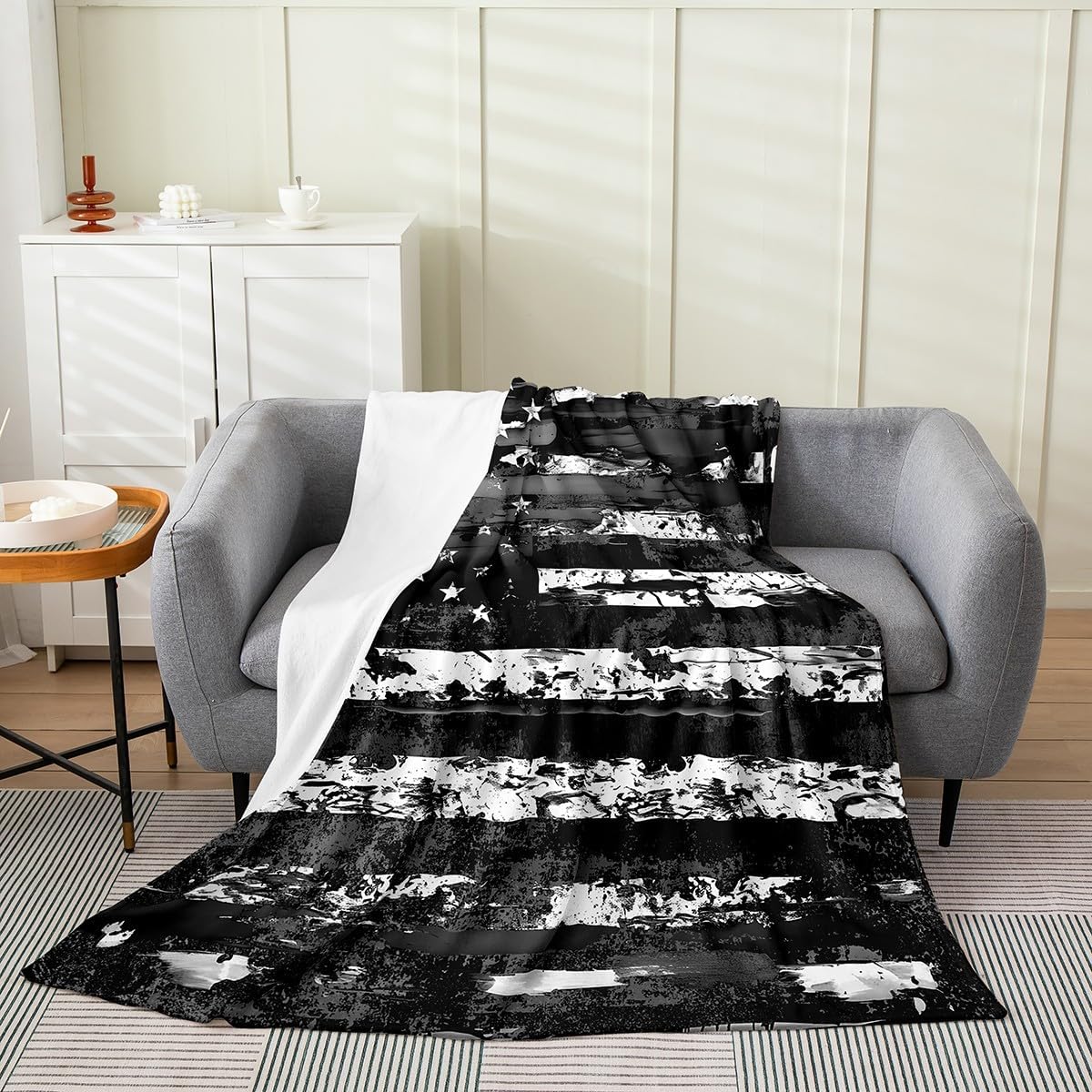 Feelyou American Flag Flannel Fleece Throw Blanket Twin 60"x80" Camouflage All Season Bed Blanket for Kids Adults Strip Lines Fuzzy Blanket Farmhouse Theme Plush Blanket Room Decor