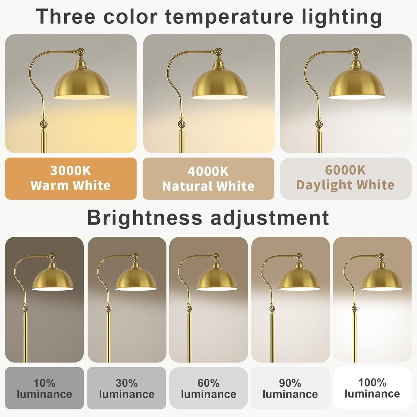 Bright LED Gold Reading Floor Lamp with Remote Control and Bluetooth Dimming,Living Room Bedroom Bedside Office Study Library Adjustable Standing Tall Lights, Unique Modern Brass Home Decor Essentials