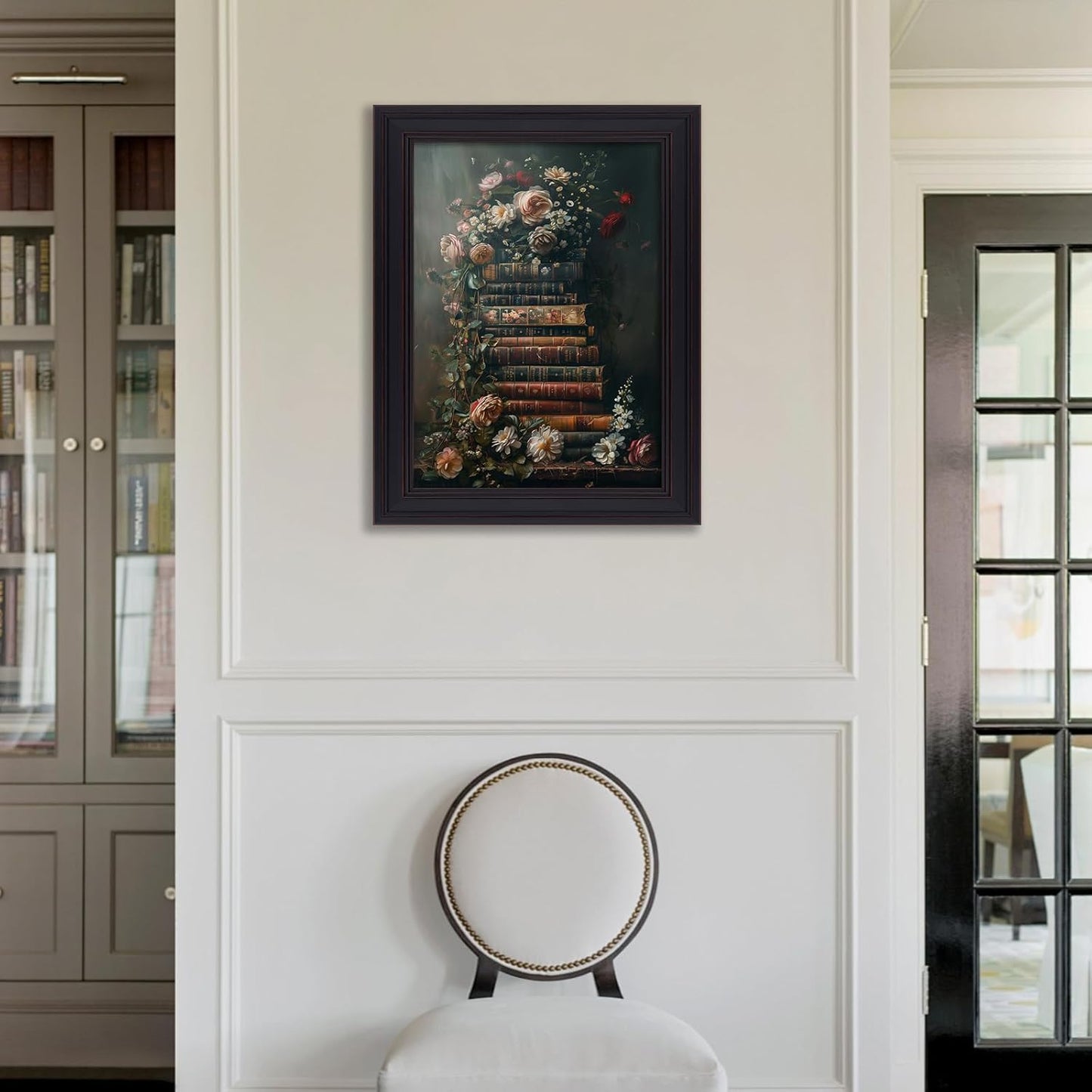 Vintage Framed Book Floral Wall Art Dark Academia Antique Flower Poster Retro Library Botanical Oil Painting Rustic Cottagecore Canvas Prints for Gallery Bathroom 08x10 inch