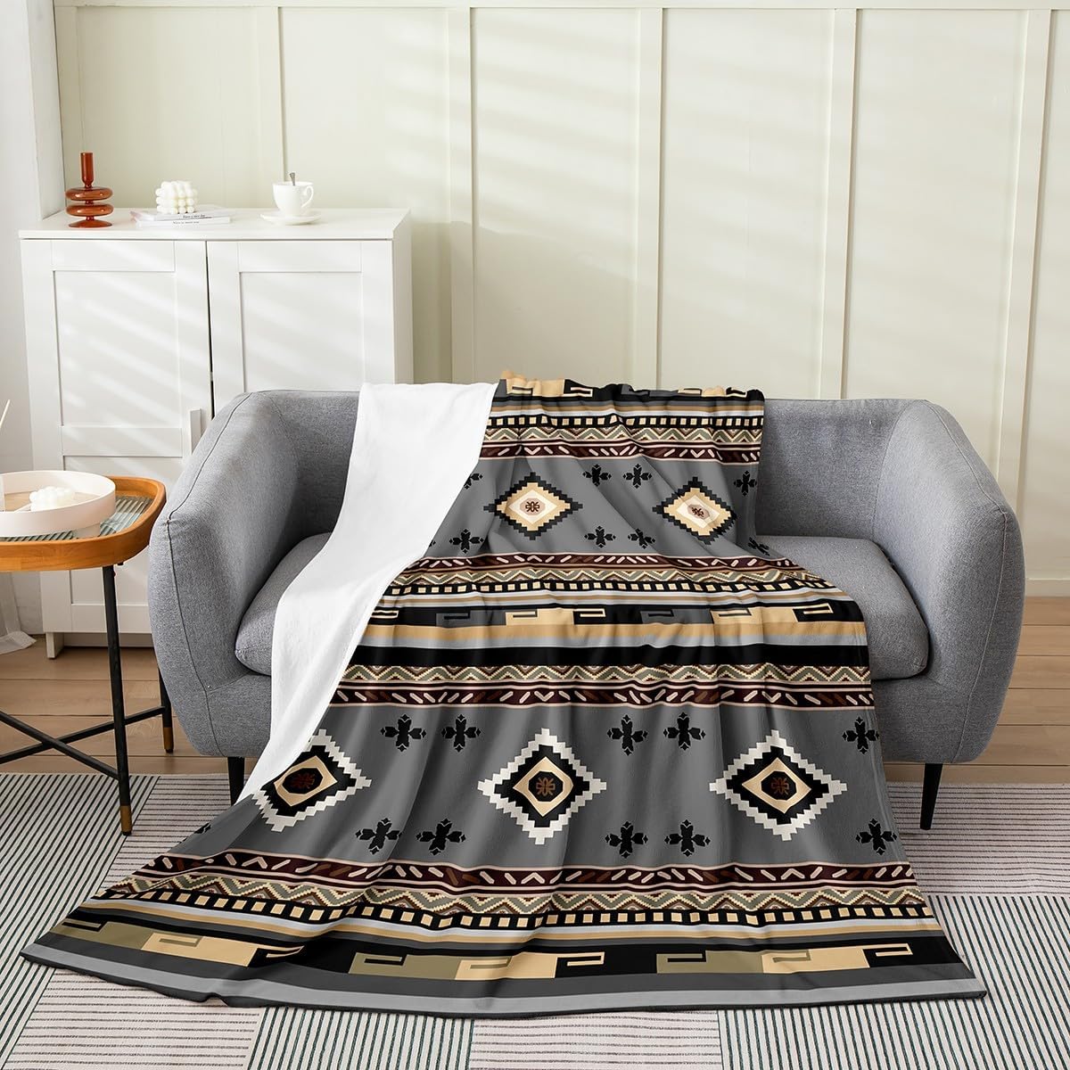 Feelyou Southwestern Fuzzy Blanket Twin 60"x80" Geometric Flannel Fleece Throw Blanket for Kids Tribal All Season Bed Blanket Teens Decor Native American Design Yellow Grey Plush Blanket