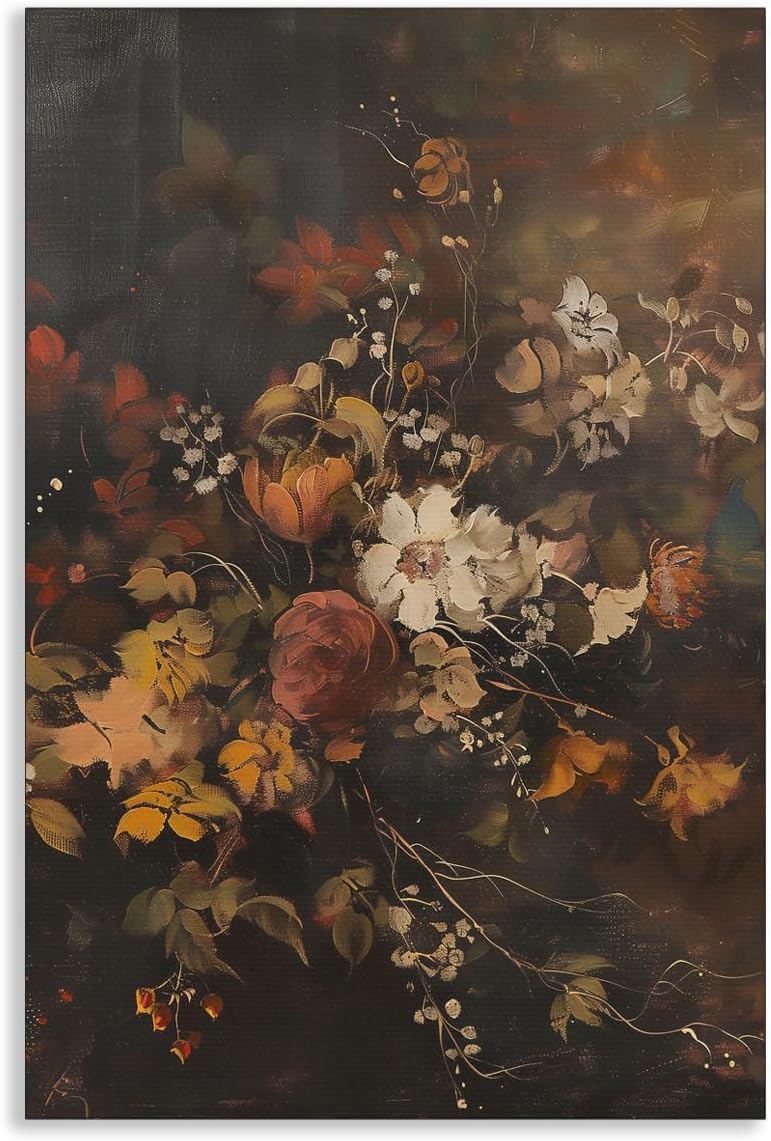 Fall Flowers Canvas Wall Art, Moody Dark Autumn Floral Still Life Poster, Thanksgiving Day Victorian Botanical Painting, Gothic Dark Academia Halloween Print Wall Decor 12x16in Unframed