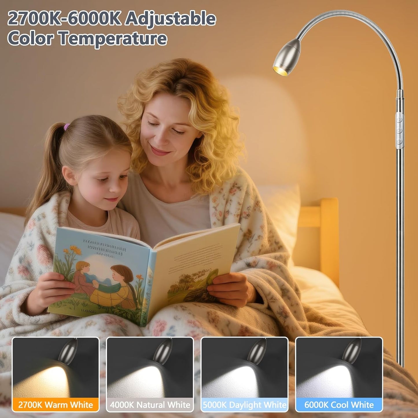 Reading Floor Lamp, 72" Tall LED Lamp with Flexible Gooseneck, Dimmable Zoomable Spotlight, Adjustable Color Beam Standing Lamp, Touch & Remote Control, Task Craft Bedroom Living Room (Brushed Nickel)