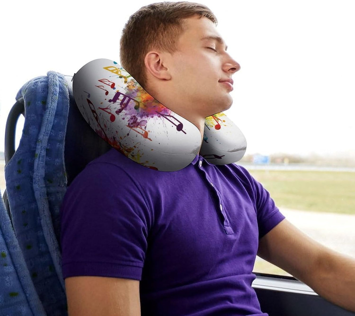 Colorful Music Neck Pillow Memory Foam U Shaped Pillows Portable Pillows for Shoulder Travel Head Support Pillow with Concealed Zipper for Airplane Car Home Office