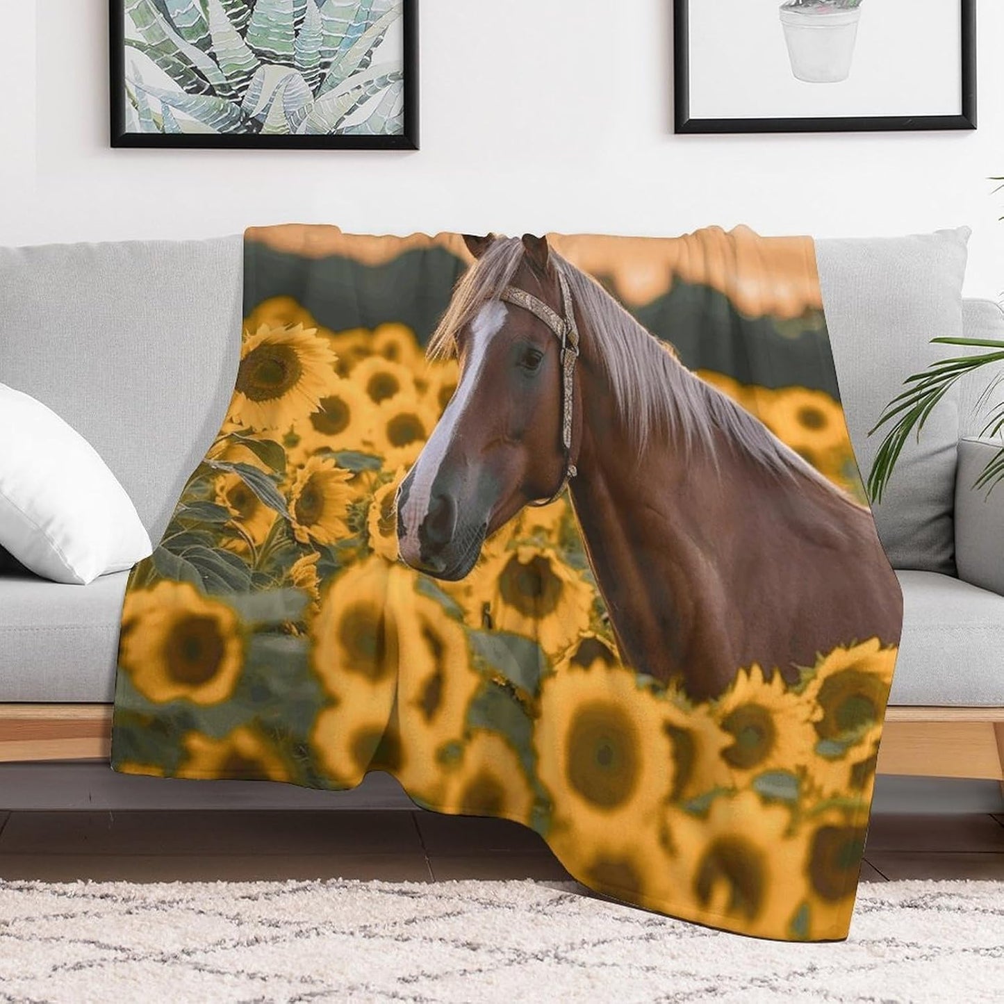Yellow Sunflower Horse Throw Blanket for Couch Super Soft Warm Lightweight Throw Blankets Cozy Flannel Bed Blanket Cute Decorative Blankets for All Seasons Home Decor Gift 30"*40"（76 * 100cm）