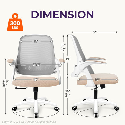 NEO CHAIR Office Desk Computer Gaming Ergonomic Chair with Lumbar Back Support Adjustable Height Swivel Wheels Flip-up Arms Mesh Chair for Home or Office (Beige)