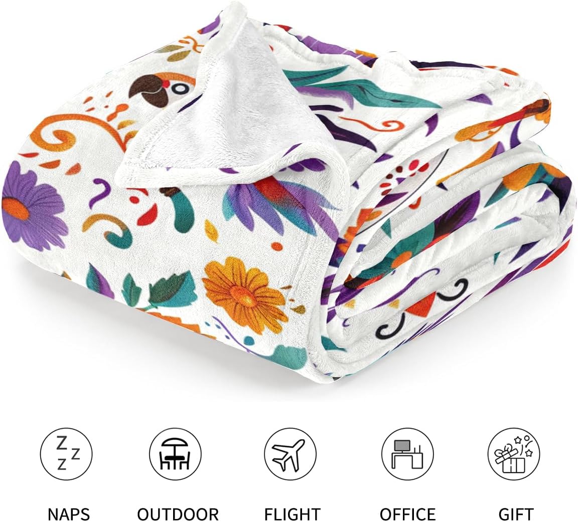 Sugar Skull Fleece Blanket, Day of The Dead Design with Parrots and Flowers, Colorful Mexican Folk Art Theme, Halloween Blankets Fuzzy Gifts for Sofa Couch Bedroom (60 x 80 inch)