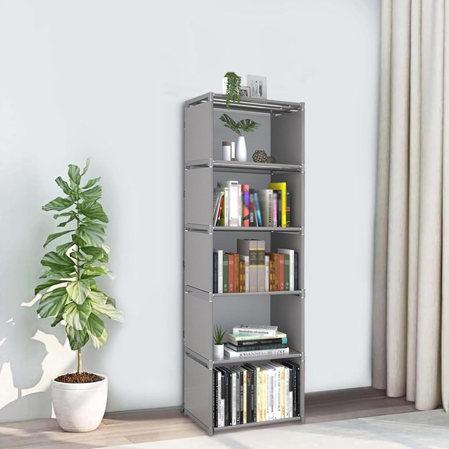 Book Shelf, 6 Tier 5 Cubes Modern Bookshelf, Non-Woven Fabric Book Shelves with Metal Pipe Frame Heavy Duty 61" Tall Narrow Bookcases Unit Cube Storage Display for Bedroom