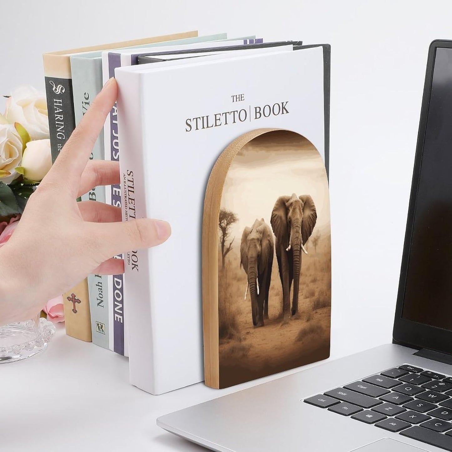 Wild Animals Elephants Bookend for Shelves Wooden Book End Large Size Sturdy Book Holders Stoppers with Metal Base for Bookshelves Slick Decorative Bookends Stands