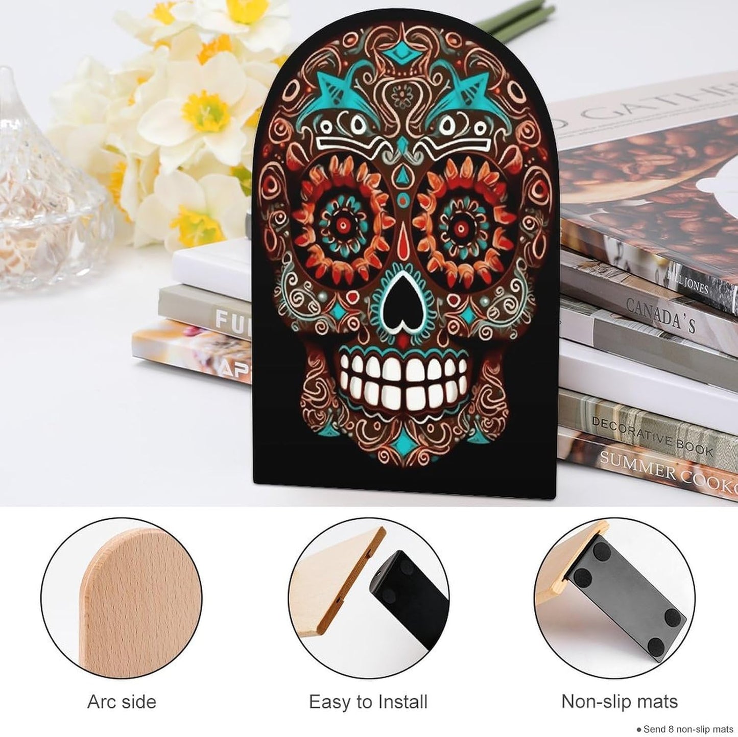 Sugar Skulls Day of The Dead Bookend for Shelves Wooden Book End Large Size Sturdy Book Holders Stoppers with Metal Base for Bookshelves Slick Decorative Bookends Stands