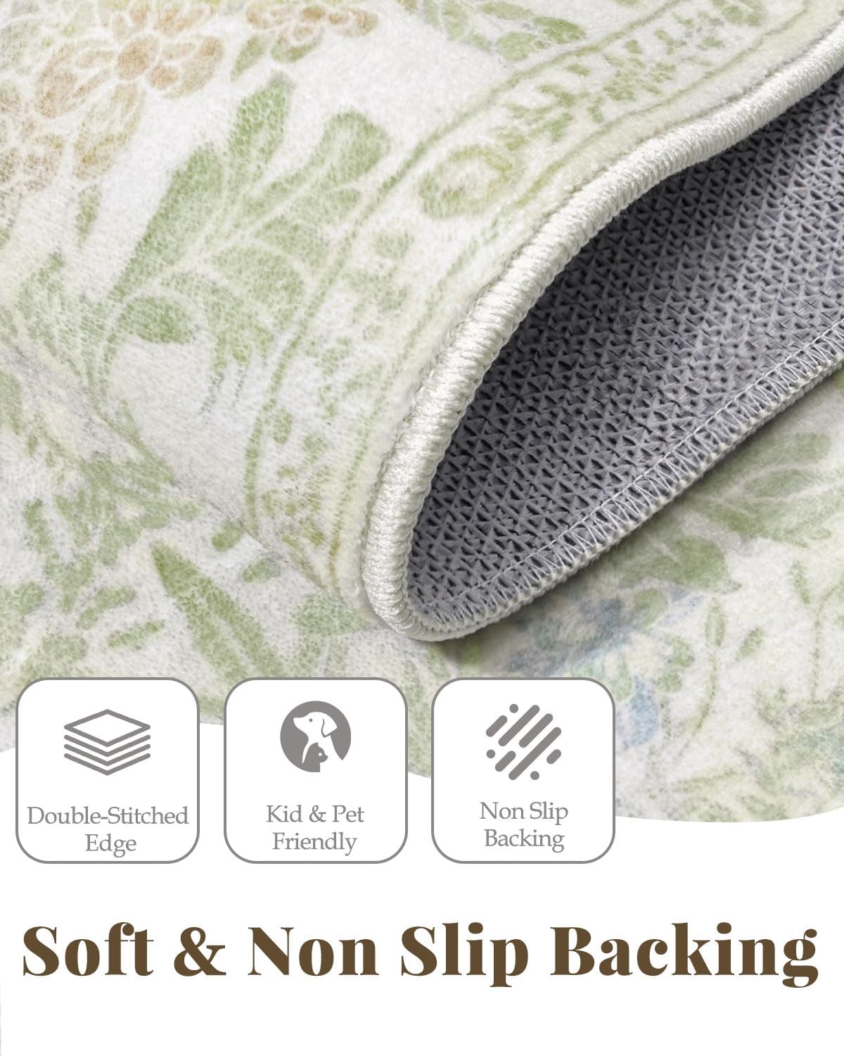 Boho Sage Green Bedside 3x5 Washable Rug for Bedroom, Thin Botanical Vintage Area Rug for Large Entry, Dorm, Kitchen, Foyer, Mudroom, Laundry - Cottage Core Low Pile Non Slip Indoor Front Door Carpet