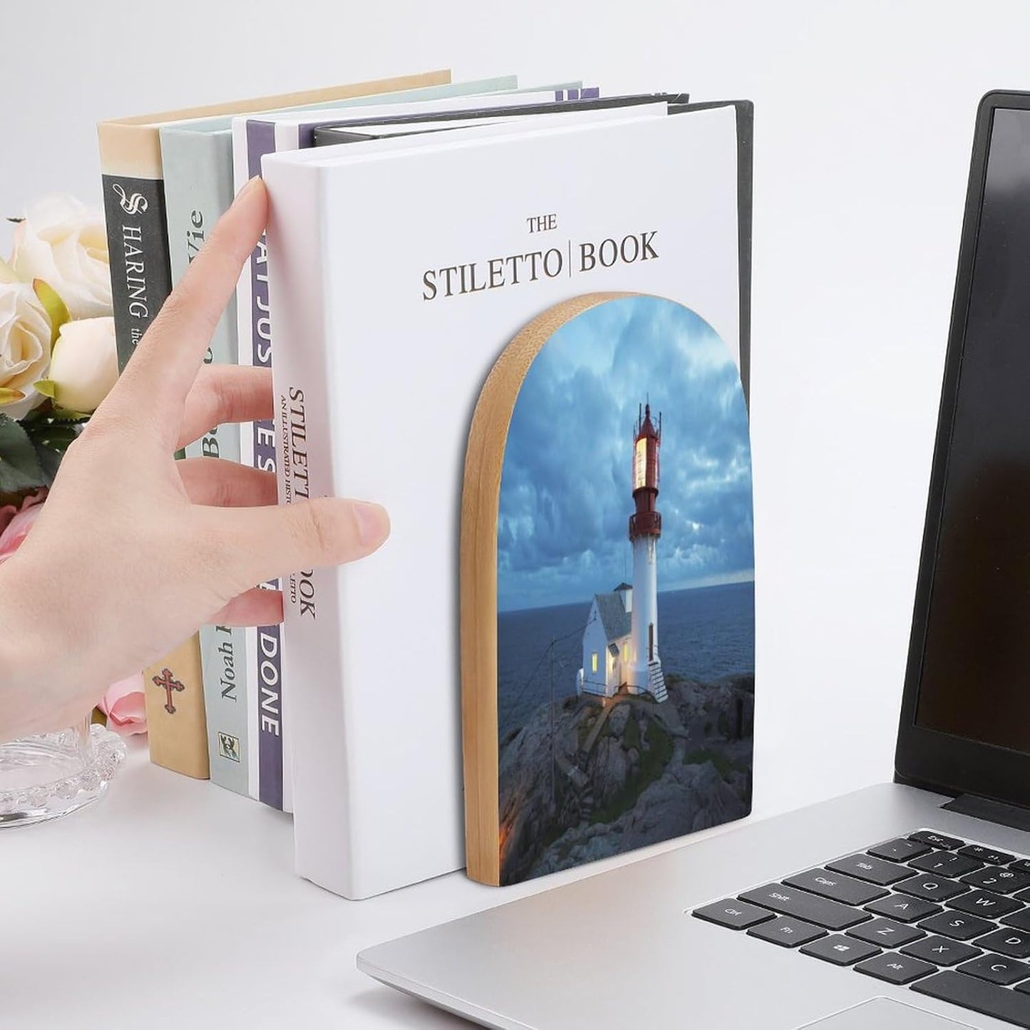 Lighthouse at Night Wooden Bookend Non-Slip Book Ends Heavy Duty Book Stopper with Metal Base Books Holderd Decorative Bookends Stands Firmly for Office Supplies
