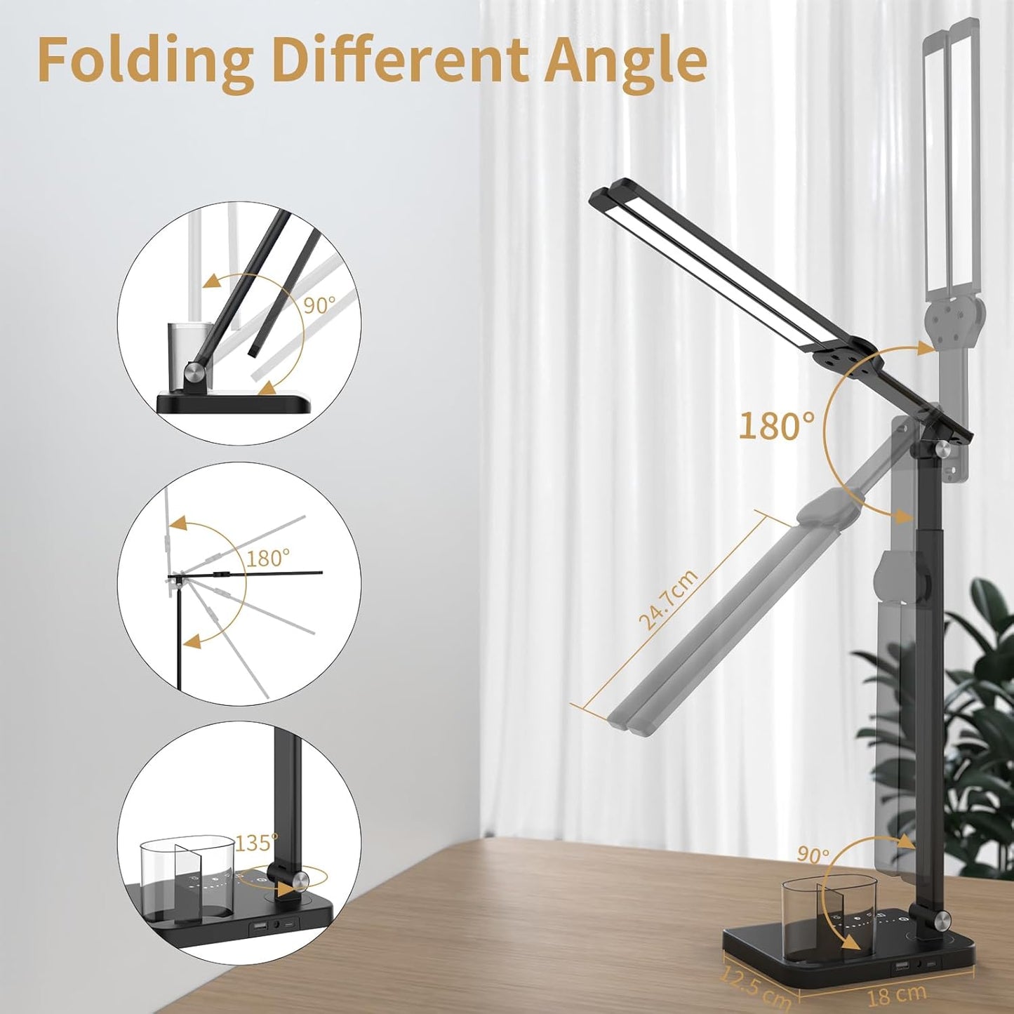 LED Desk Lamp, Dual Heads, Height Adjustable, USB Charging Port, 5 Light Modes & Dimmable Brightness, Bedside Lamp for Reading, Craft, Work, Study (Black, 15W)
