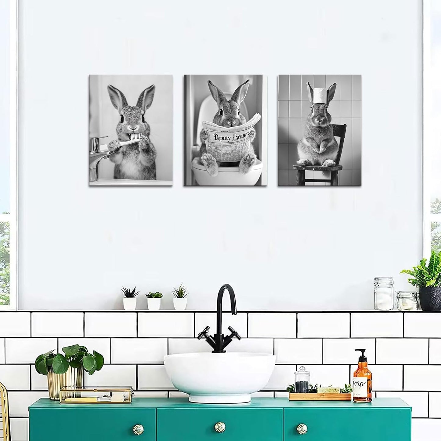 PoGoXiPoYo 3 Pieces Bunny Wall Art Canvas Prints Black and White Cute Rabbit Reading on Toilet Brush Teeth Bathroom Wall Decor Modern Artwork for Restroom 12"x16"x3
