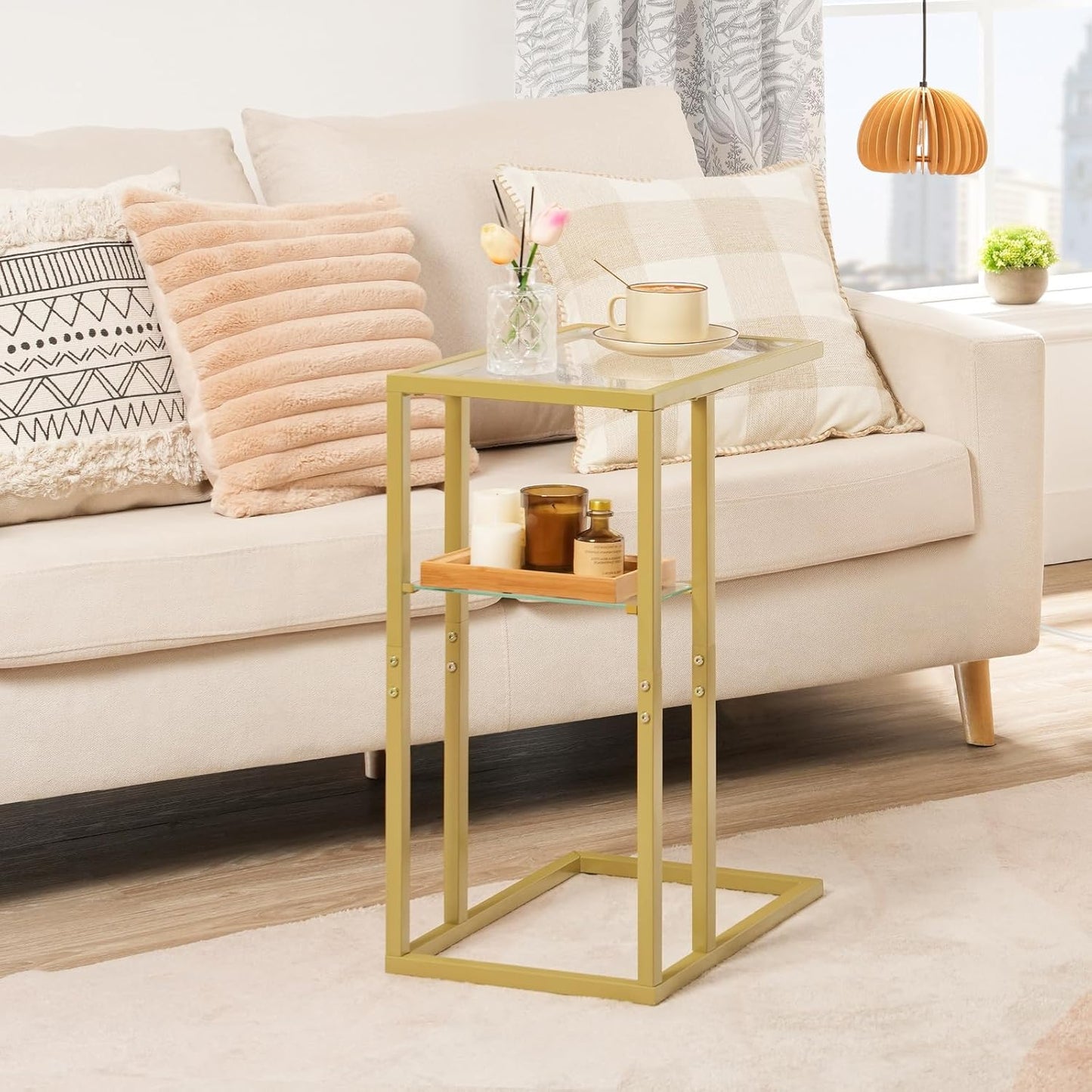 HOOBRO C Shaped End Table, Small Side Table for Couch, Gold Sofa Table with Tempered Glass, Coffee Table, Slide Under Couch, for Living Room, Bedside, Bathroom, Gold GD08SF01