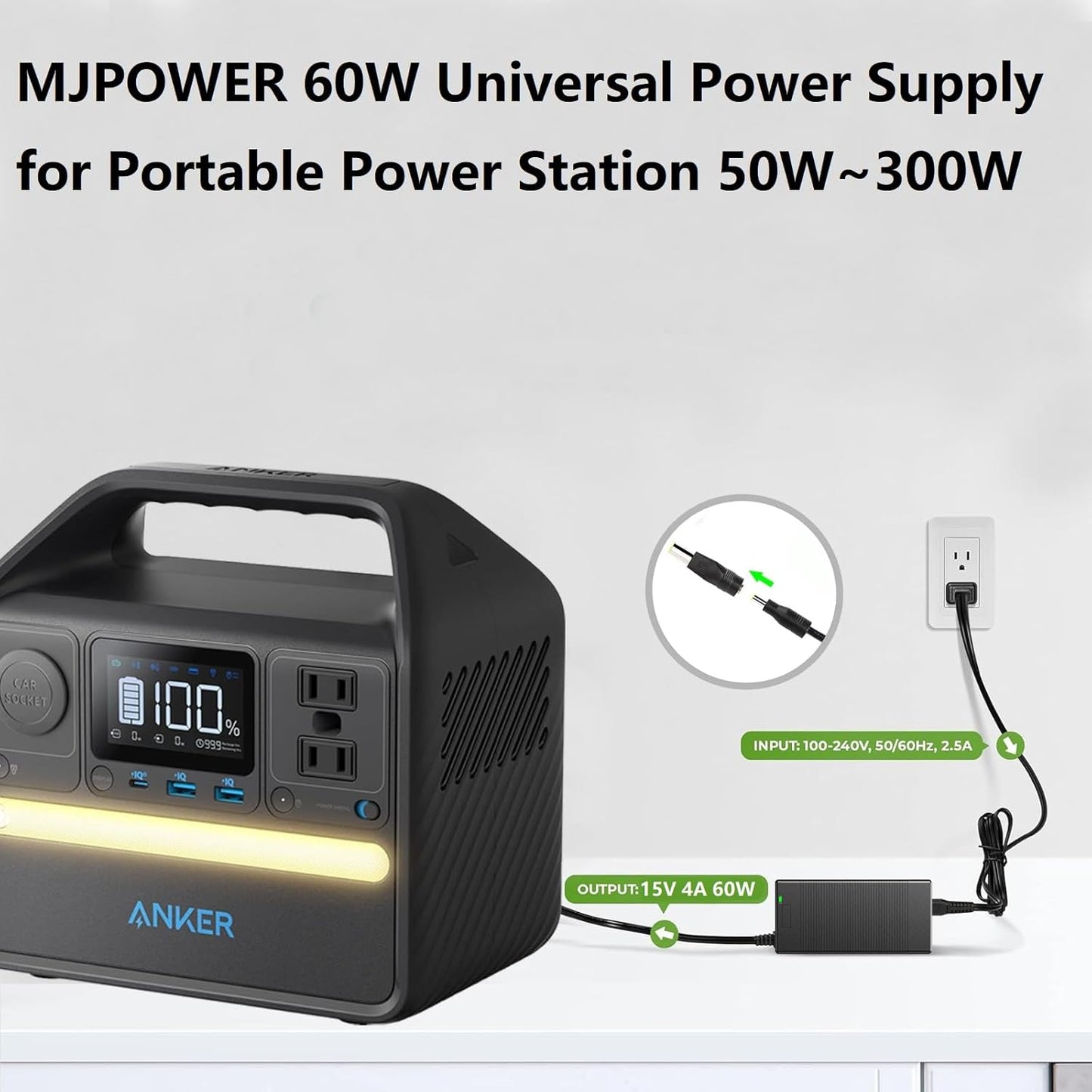 15V 60W AC Adapter Charger for Portable Power Station 50W to 300W Fit Anker/GRECELL/EBL/HOWEASY/FlashFish/SinKeu/ZeroKor/ENOFLO/AIMTOM/CTECHi/AIPER/MARBERO Solar Generator Power Supply Cord
