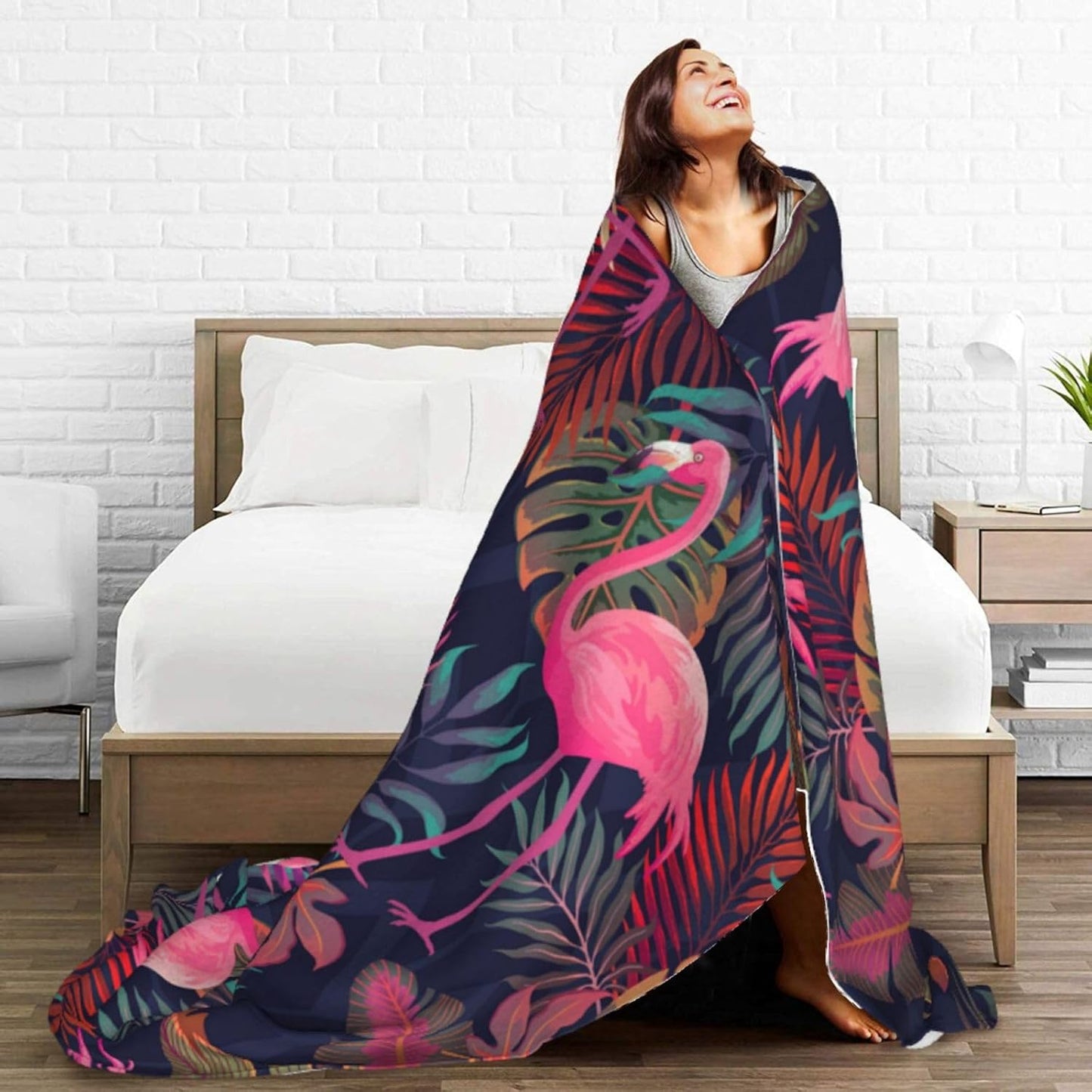 Perinsto Tropical Flamingos Palm Leaves Throw Blanket Ultra Soft Warm All Season Decorative Fleece Blankets for Bed Chair Car Sofa Couch Bedroom 80"X60"