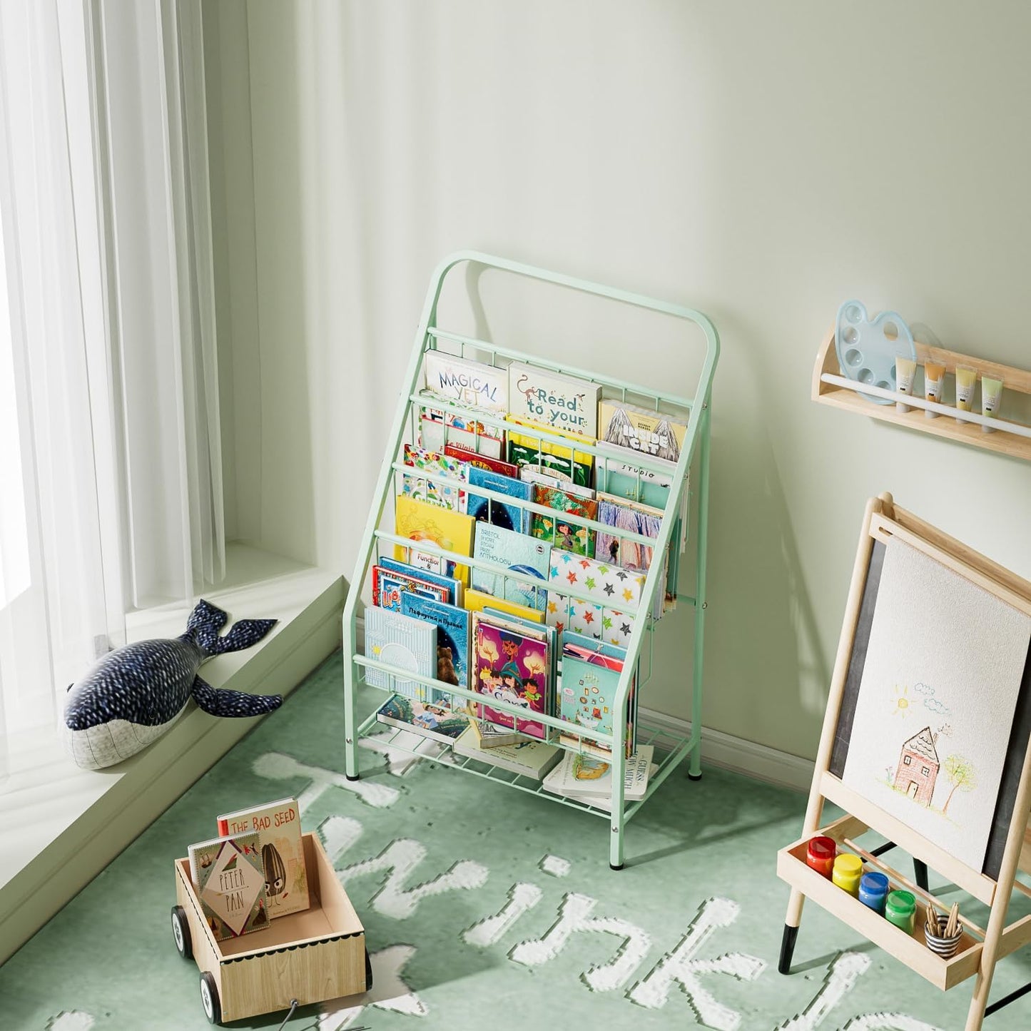 JAQ Green Kids Bookshelf, 4-Tier Metal Book Display Rack for Small Space, Child-Safe Forward Facing Toddler Bookshelf for Classroom, Nursery & Playroom, Easy-to-Clean Sling Design (28.35" Height)