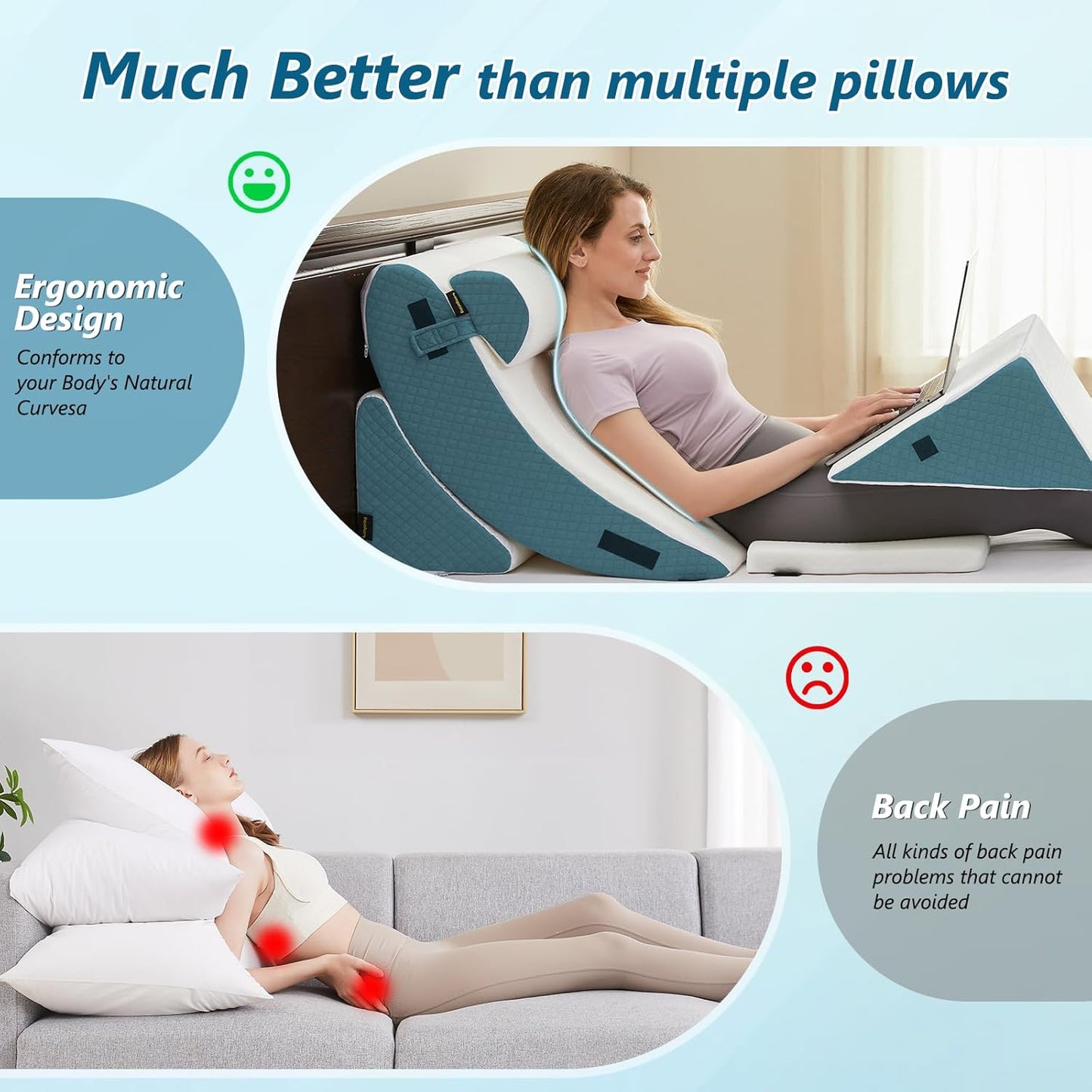 6PCS Orthopedic Bed Wedge Pillow Set for Sleeping - Adjustable Post Surgery Pillow Set for Back Neck Leg Support - Wedge Pillow for After Surgery Snoring & Acid Reflux (White Blue)