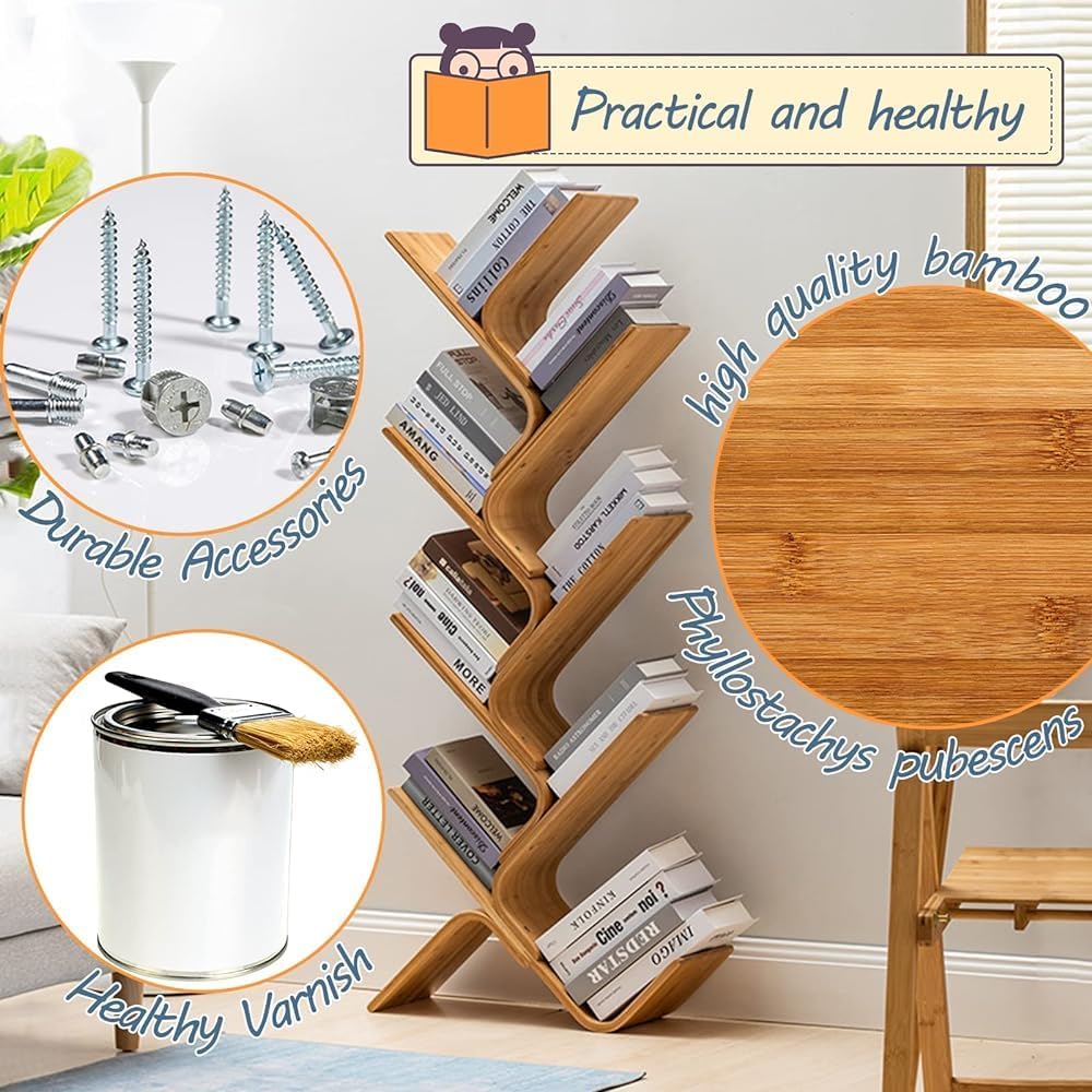 Modern 8-Tier Bamboo Bookshelf, Curved Wood Bookcase Organizer for Living Room & Bedroom, Space-Saving Book Storage Rack, Stylish Decorative Shelves, 5-Layer Design