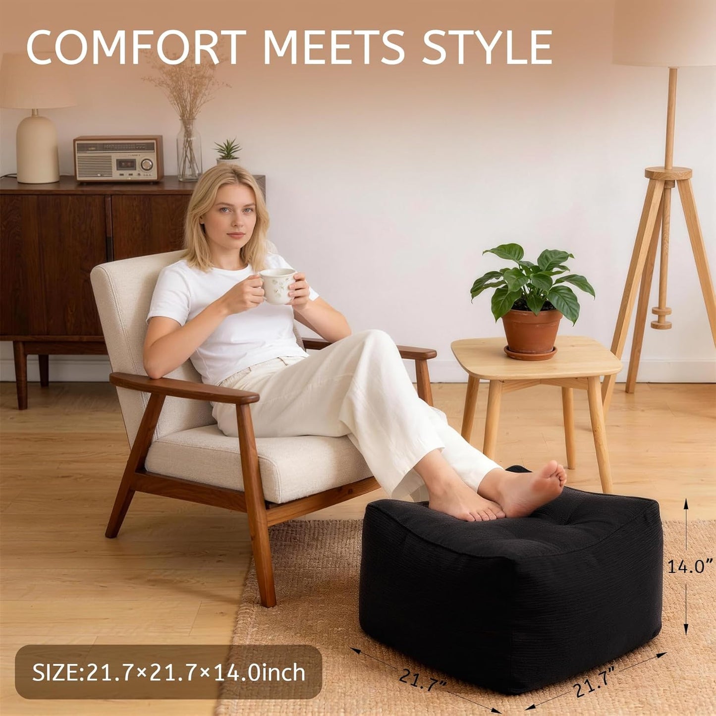 Square Corduroy Pouf Ottoman, Soft Fluffy Foot Stool with Foam Chunk Filling, Floor Pouf & Storage Ottoman for Living Room, 21.7" x 21.7" x 14", Black