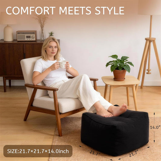 Square Corduroy Pouf Ottoman, Soft Fluffy Foot Stool with Foam Chunk Filling, Floor Pouf & Storage Ottoman for Living Room, 21.7" x 21.7" x 14", Black