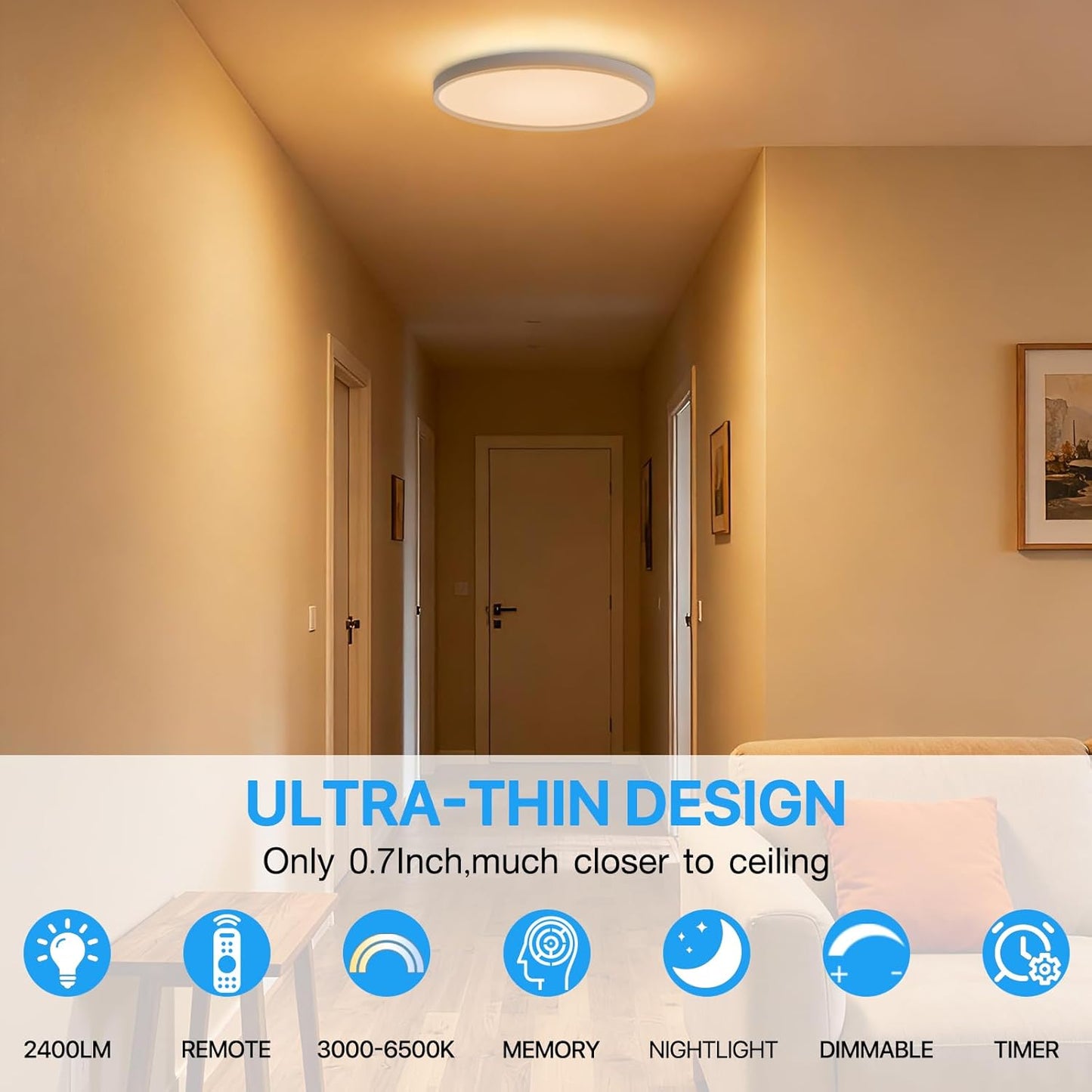 2Pack Dimmable LED Flush Mount Ceiling Light Fixture with Remote Control, 24W 2400LM, 12Inch, 2000K Warm Night Light & 3000K-6500K, Modern Super Slim Ceiling Lamp for Bedroom Kitchen, White