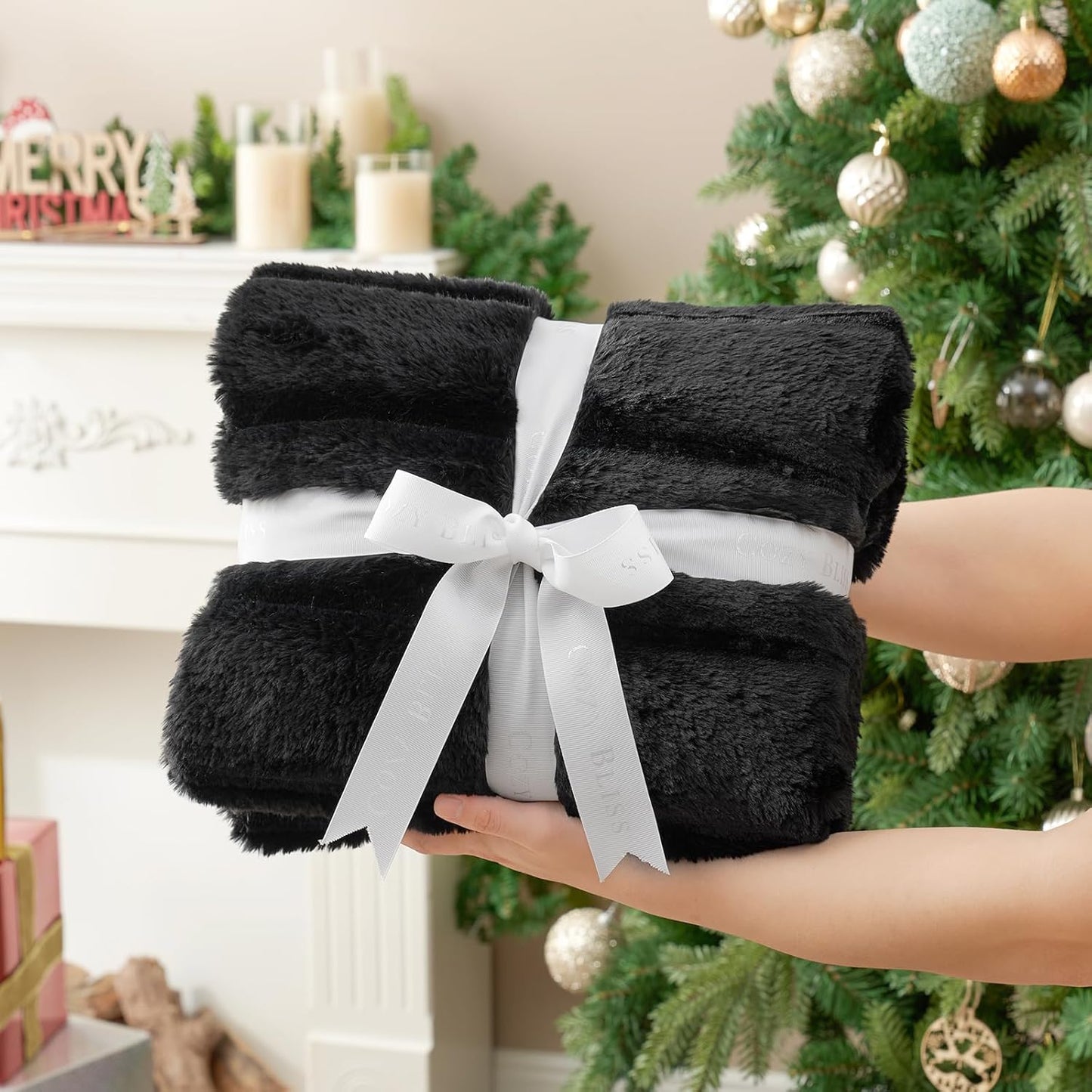 Cozy Bliss Deluxe Sheared Rabbit Faux Fur Throw Blanket, Soft Fuzzy High-Low Sculpted Plush Blanket for Couch, Cozy Home Accent, All Season Use, Black 60"x80"