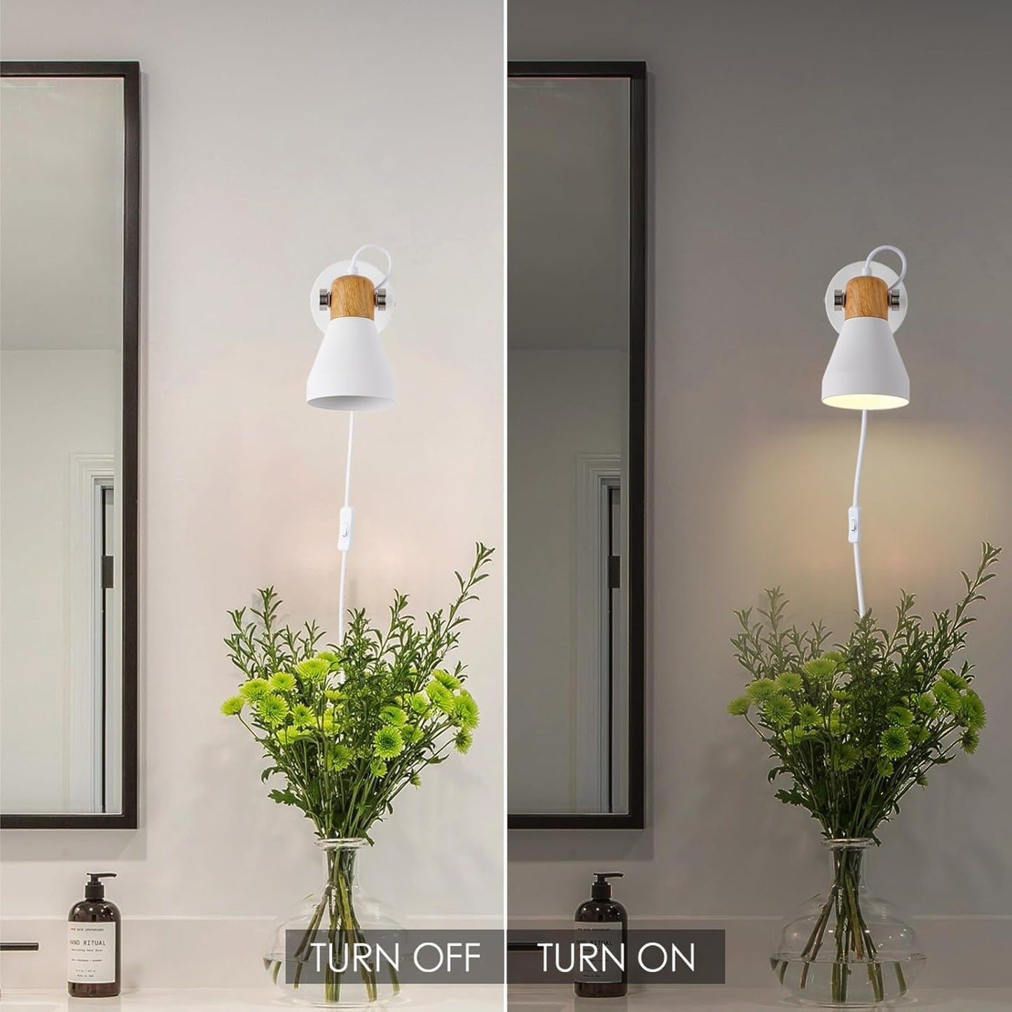 Modern Plug-in Wall Sconces - Matte White Adjustable Reading Light with Natural Wood Accent, Wall Lamp for Bedroom, Living Room, Home Office