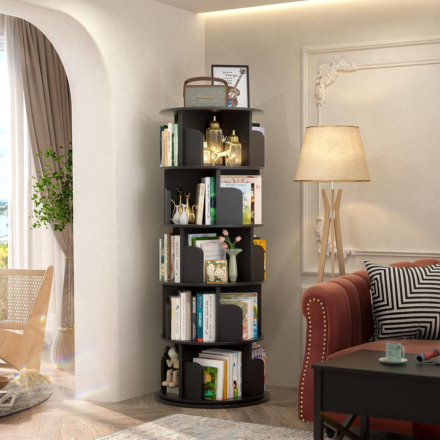 Aheaplus Rotating Bookshelf, 360 Display Wood Spinning Bookshelf Tower, 5 Tier Floor Standing Bookcase Storage Rack, Revolving Bookcase Corner Bookshelf for Small Space, Bedroom, Study Room, Black