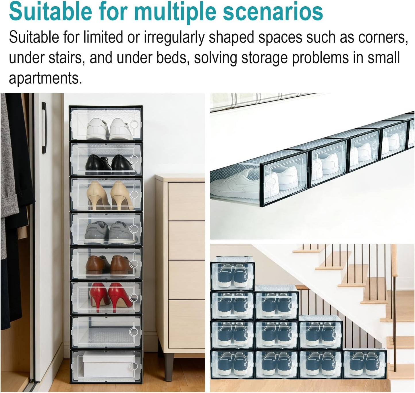 12 Pack Shoe Storage Boxes, Clear Plastic Stackable Shoe Organizer for Closet, Foldable Shoe Rack with Lids for Entryway, Closet, Under Bed, Black (13 x 9.1 x 5.5inches)