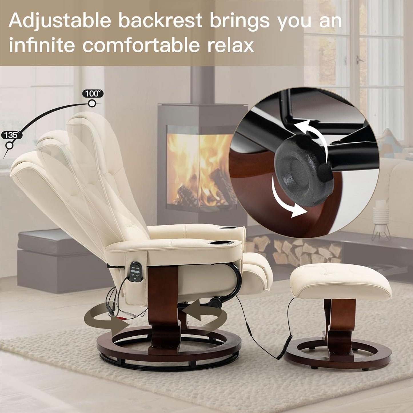 Electric Massage Recliner Chairs with Ottoman Footrest Adjustable Back Faux Leather Swivel Lounge Chair for Living Room Office Bedroom Furniture