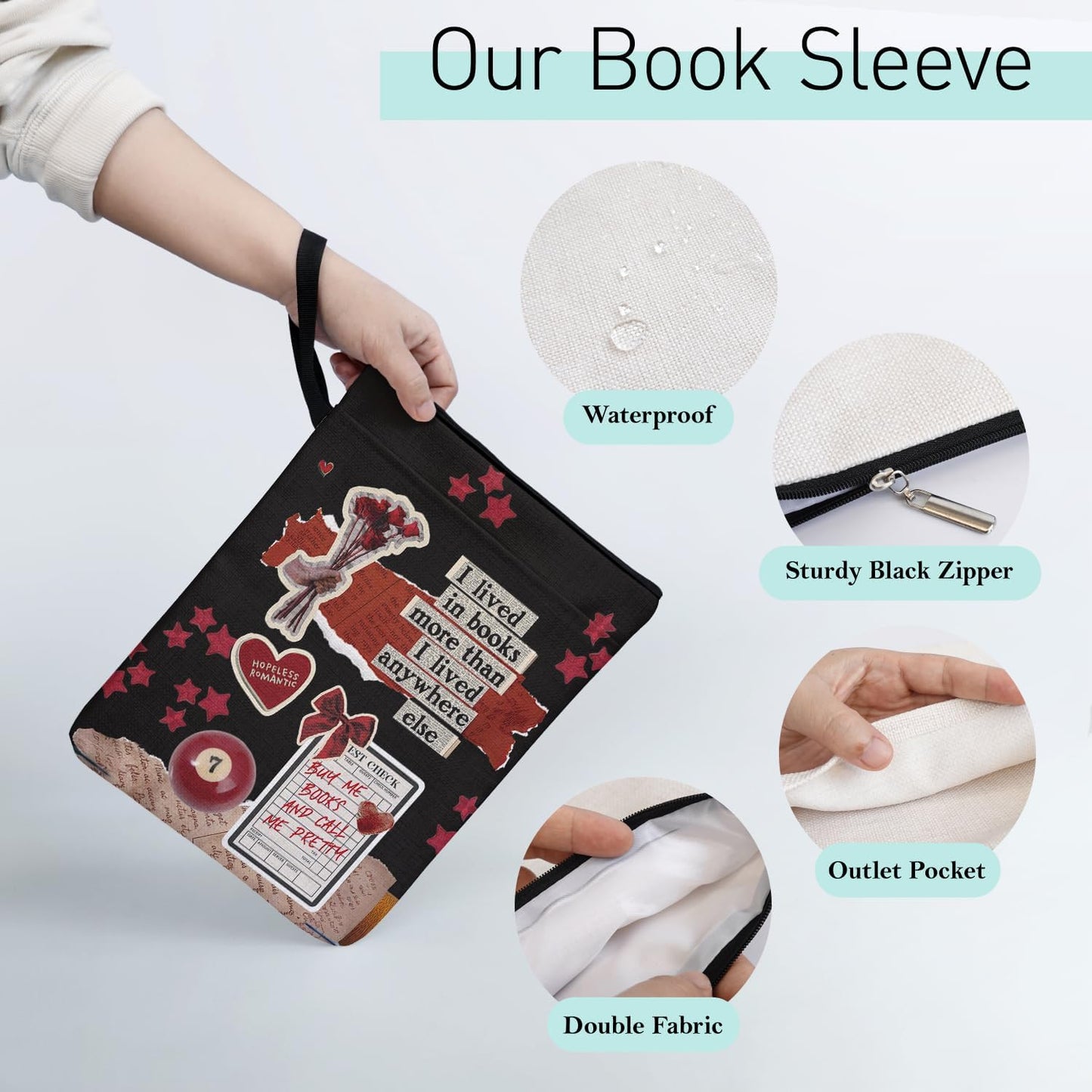 Black Lover Aesthetics Collage Pattern Book Sleeve for Book Lovers, Y2K Style Paperback Book Cover with Waterproof Zipper and Handle for Women, Librarian Reading Accessories & Bookish Group Gifts