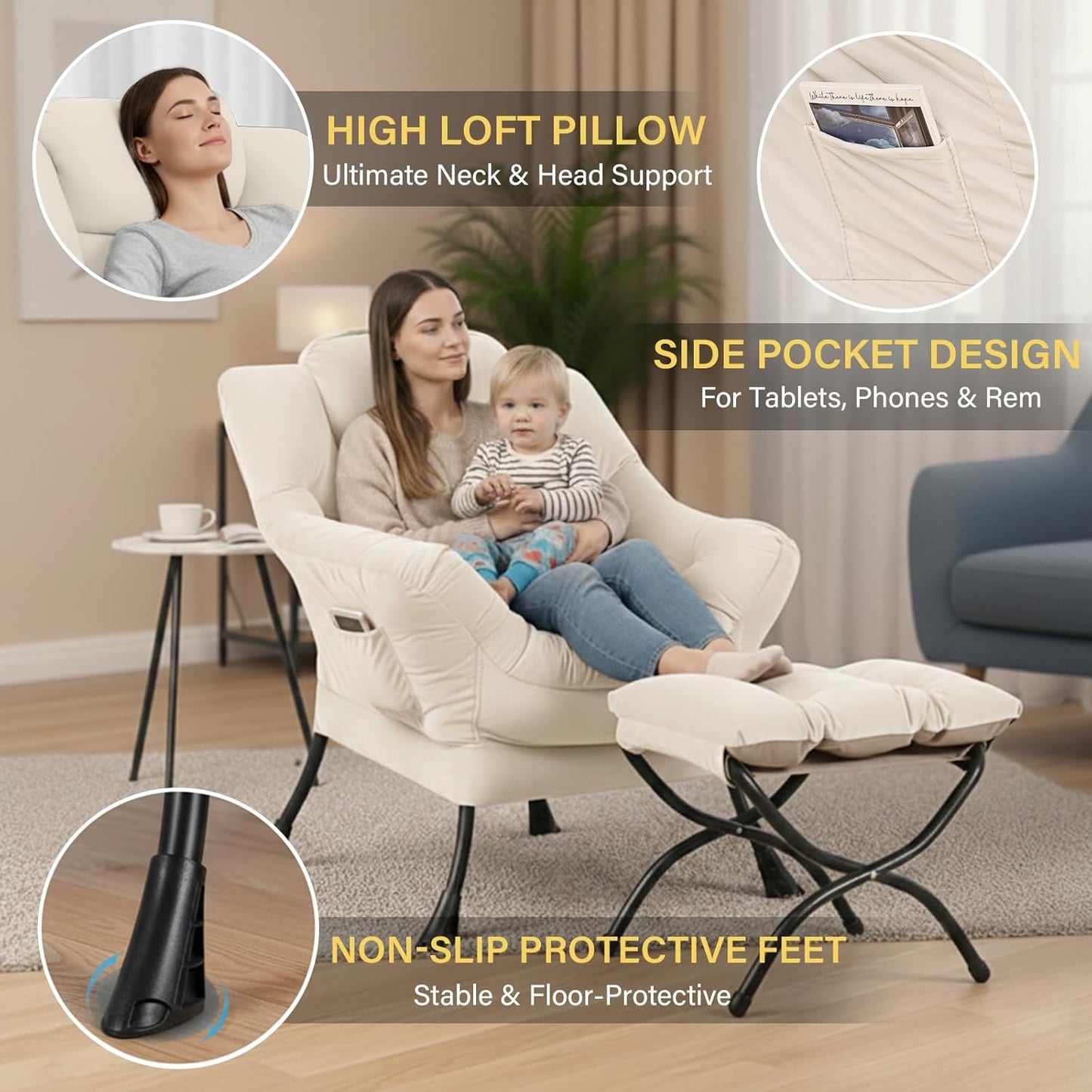 Lazy Chair and Ottoman, Large Velvet Beige Accent Chair with a Side Pocket, Modern Leisure Upholstered Reading Armchair with Footrest for Office, Bedroom, Living Room, Dorm Rooms, Balcony