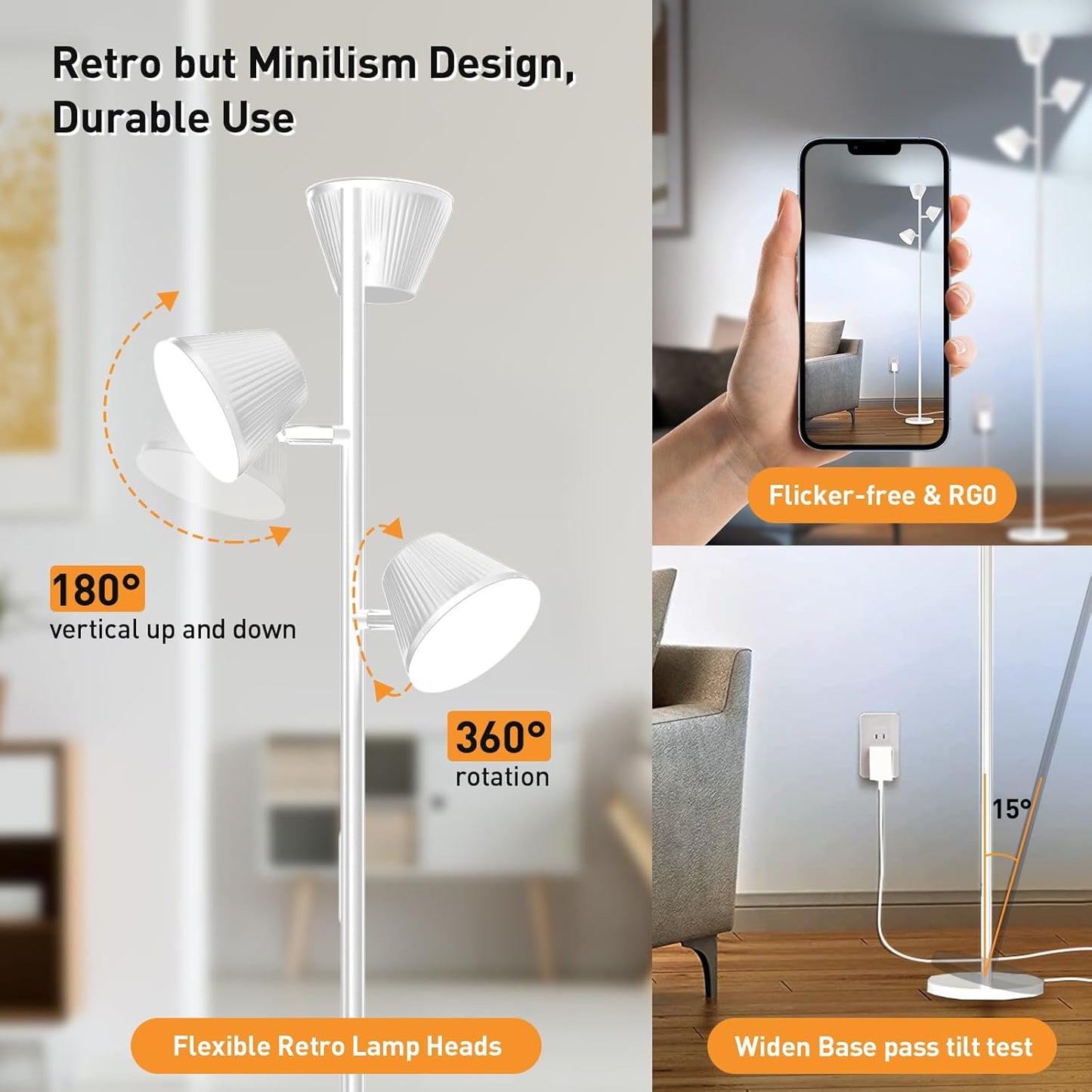 White 42W Tree Floor Lamp, 4200LM Super Bright LED Floor Lamps for Living Room with Remote & Touch Control, 3 Rotatable Lights 4 Color Temperatures, Modern Tall LED Standing Lamp for Bedroom Office