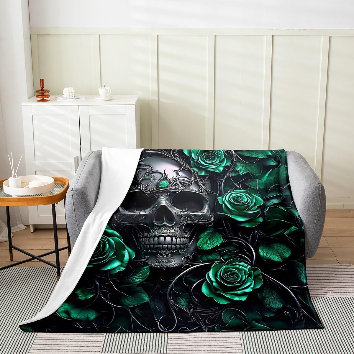Erosebridal Sugar Skull Blanket Throw 50x60,Mint Green Rose Floral Throw Blanket for Kids Boys Girls Teens Adults,Gothic Skeleton Fleece Blanket,Exothic Hippie Horror Flannel Blanket,All Season