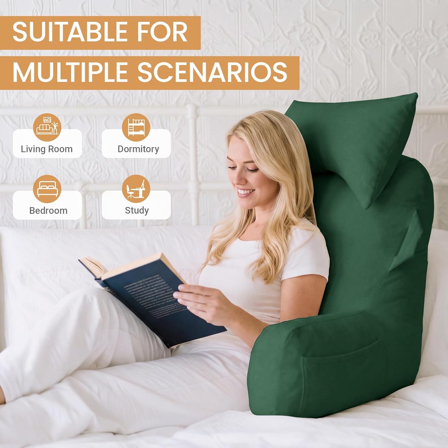 Portable Reading Pillows with Headrest for Bed Sitting Up(Green Oeko-Tex), Velvet Back Pillow with Arms & Pockets for Adults, Support Memory Foam Bed Pillow for Dorm/Reading/Watching/Gaming