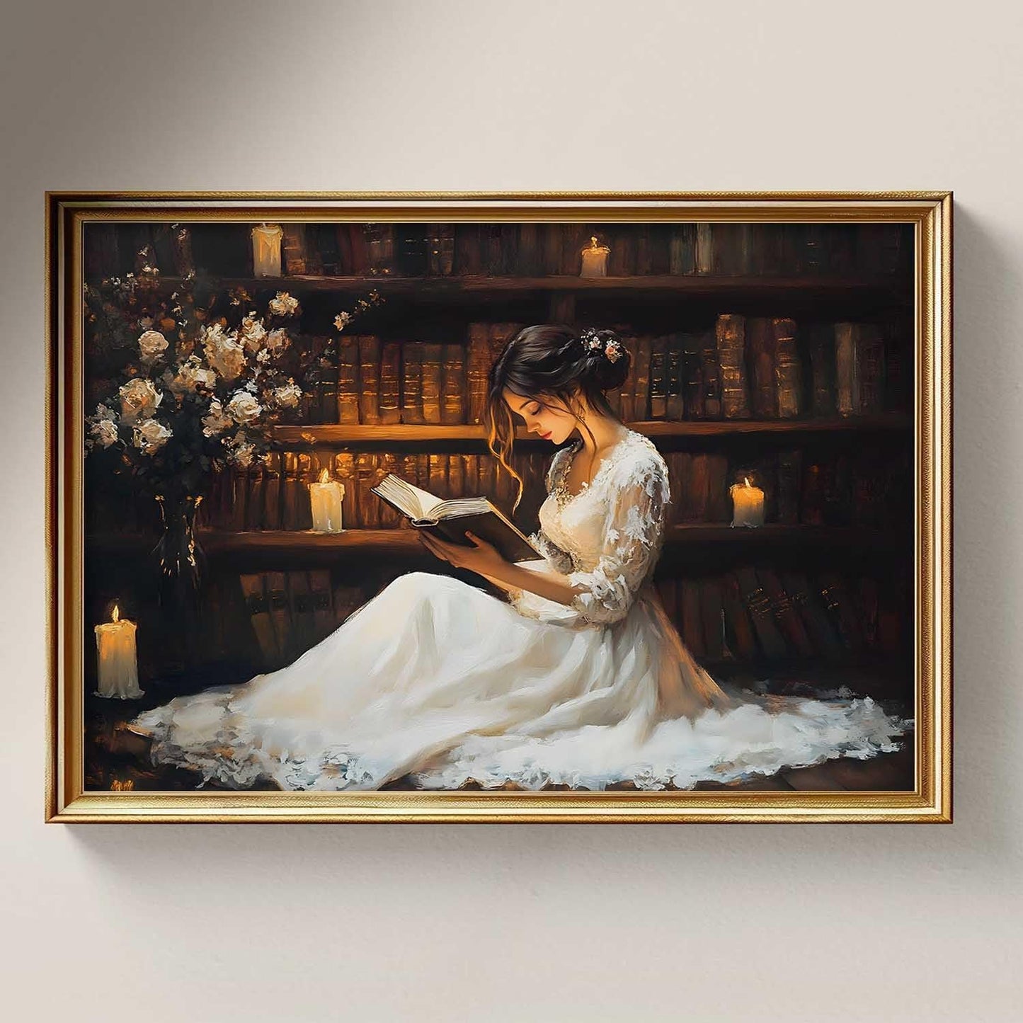Frameless Poster16x24in Medieval Castle Vintage Moody Library Wall Art Victorian Girl Woman Reading Painting Book Lover Pictures Bookshelf Painting Dark Academia Library Prints Vintage Book Posters
