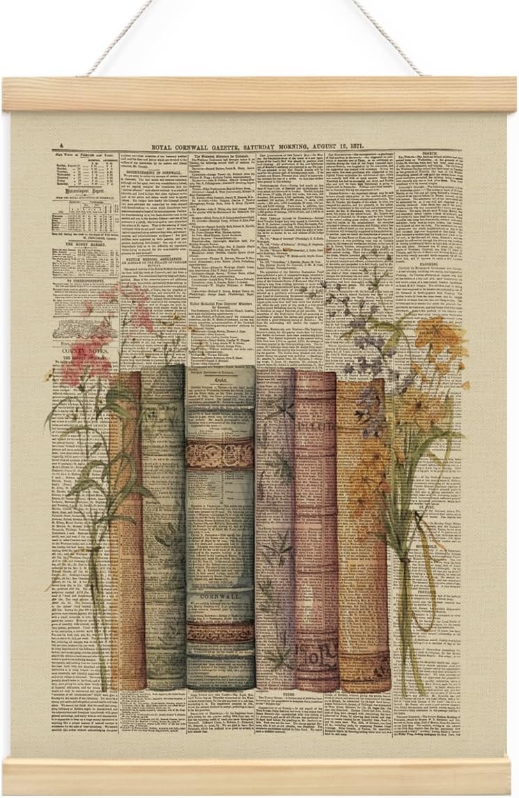 Wheatwin Vintage Book Posters, Retro Floral Book Wall Art with Wooden Poster Hanger, Reading Corner Decor for Classroom, Reading Nook Decor, Bookish Decor, Library Posters, 12x16 Inch