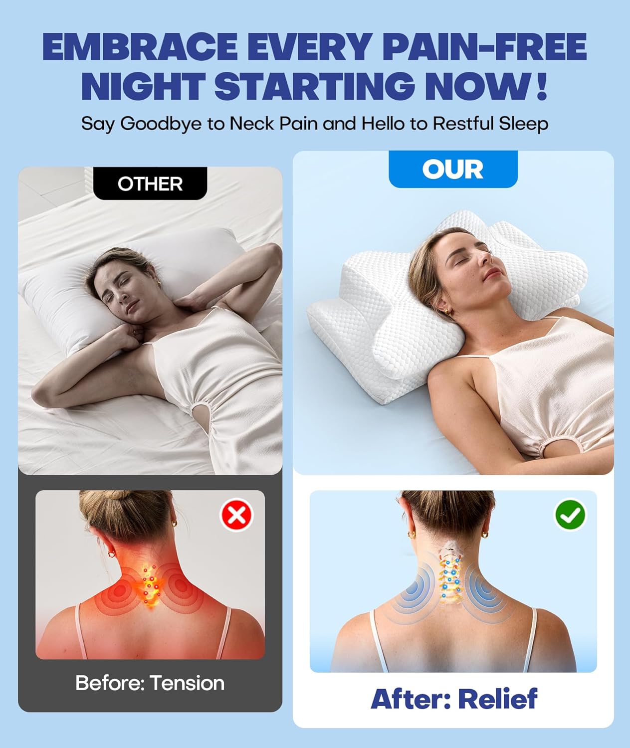 Emircey Clinical-Level Relief Cervical Neck Pillow for Sleeping, Orthopedic Contour Memory Foam Pillow for Side Sleepers, Cooling Reading Pillow for Neck Relief, Ergonomic for Back Stomach Sleepers