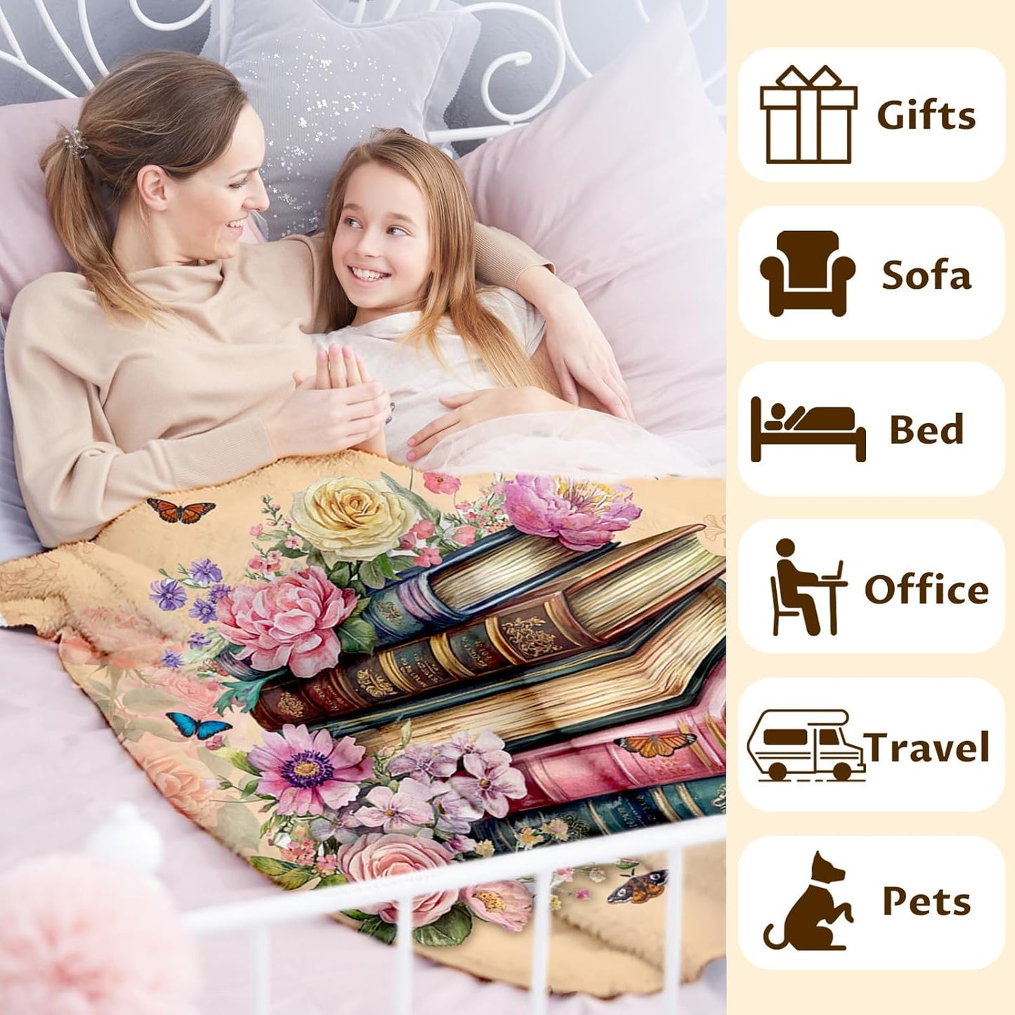 Girls Book Blanket for Daughter Mom, Floral Throw Blankets 40x50 Inches Lightweight Soft Cozy Reading Throw for Sofa Couch Bed Home Decor