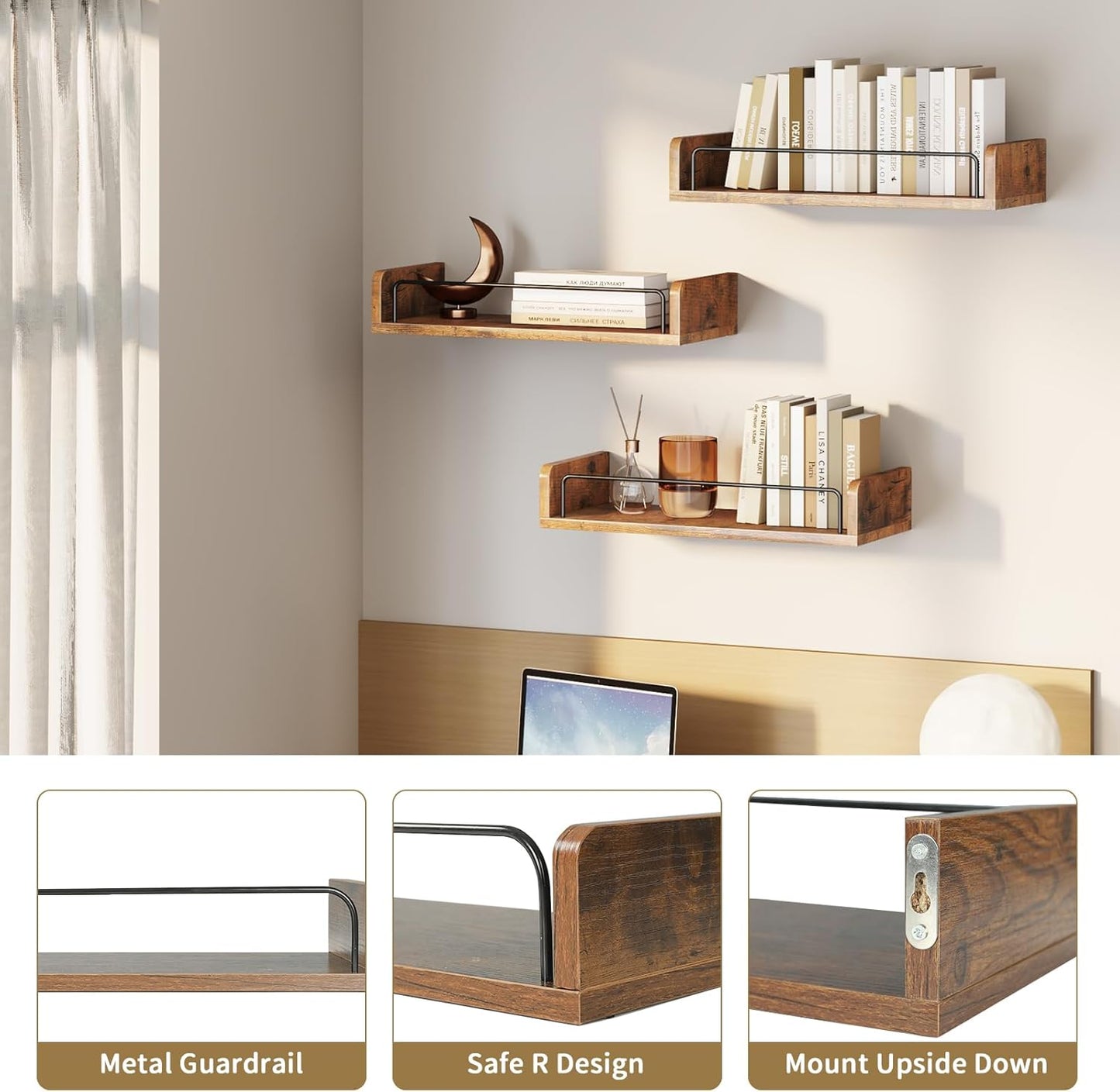Floating Shelves for Wall, Floating Shelves for Bedroom Kitchen Decor, Wall Mounted Rustic Farmhouse Wood Shelf for Books, Plants, Set of 3 (Rustic Brown)