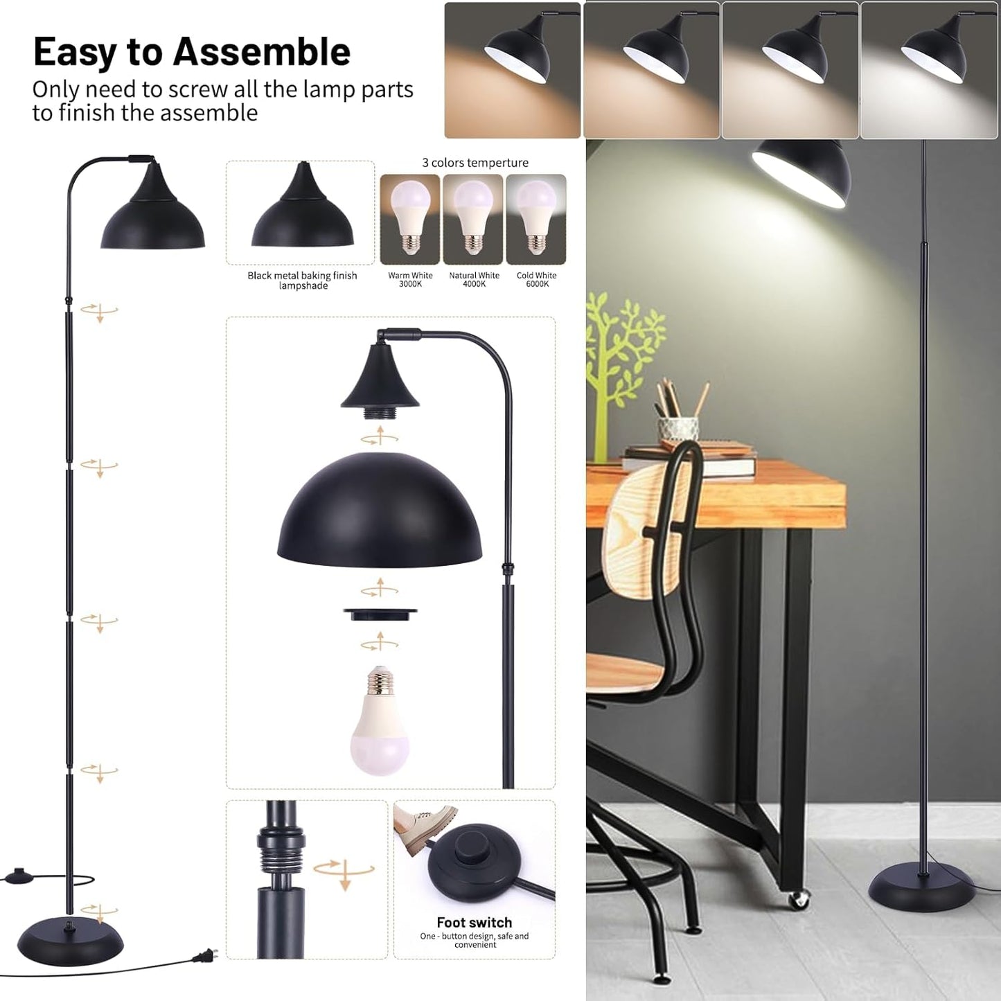 Industrial LED Floor Lamp,Black Metal Adjustable Standing Lamp for Living Room, Bedroom, Office,Rotating Head Tall Reading Lamp for Sofa or Desk, Modern Home Decor (Industrial, Metal)