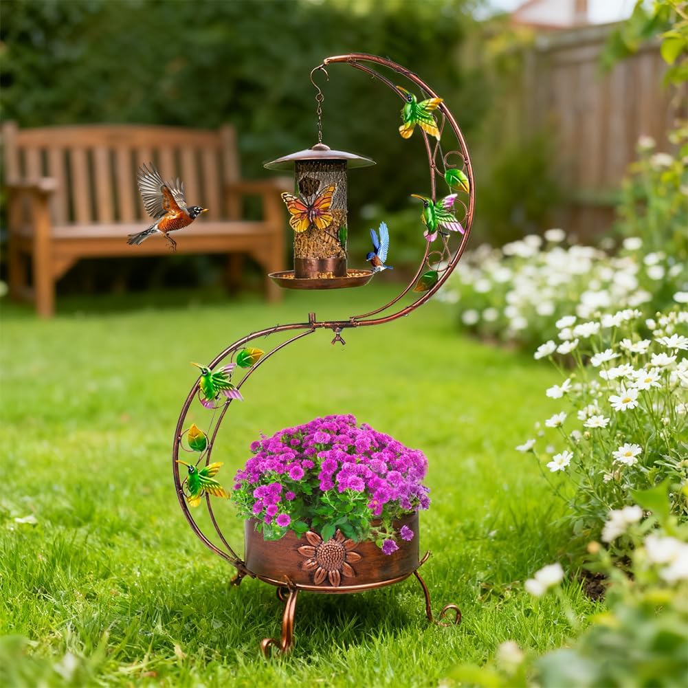 DREAMSOUL Metal Bird Feeder Stand with Flower Planter Pedestal, 35.4 Inch Tall Planter Vintage Bird Feeders for Outdoors Garden Patio Decor