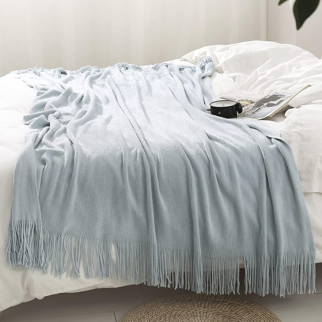 Homiest Decorative Knitted Throw Blanket with Fringe Soft & Cozy Tassel Blanket for Couch Sofa Bed (Baby Blue,50x60)