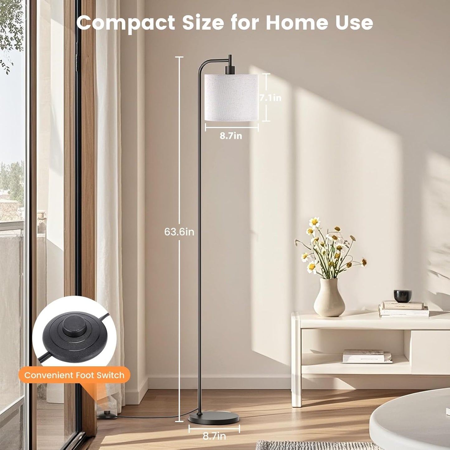 Floor Lamp with Linen Shade, Dimmable Tall Standing Lamp with Remote Control & 3 Color Temperatures, Modern Corner Floor Lamps for Living Room Bedroom Office, 9W LED Bulb Included
