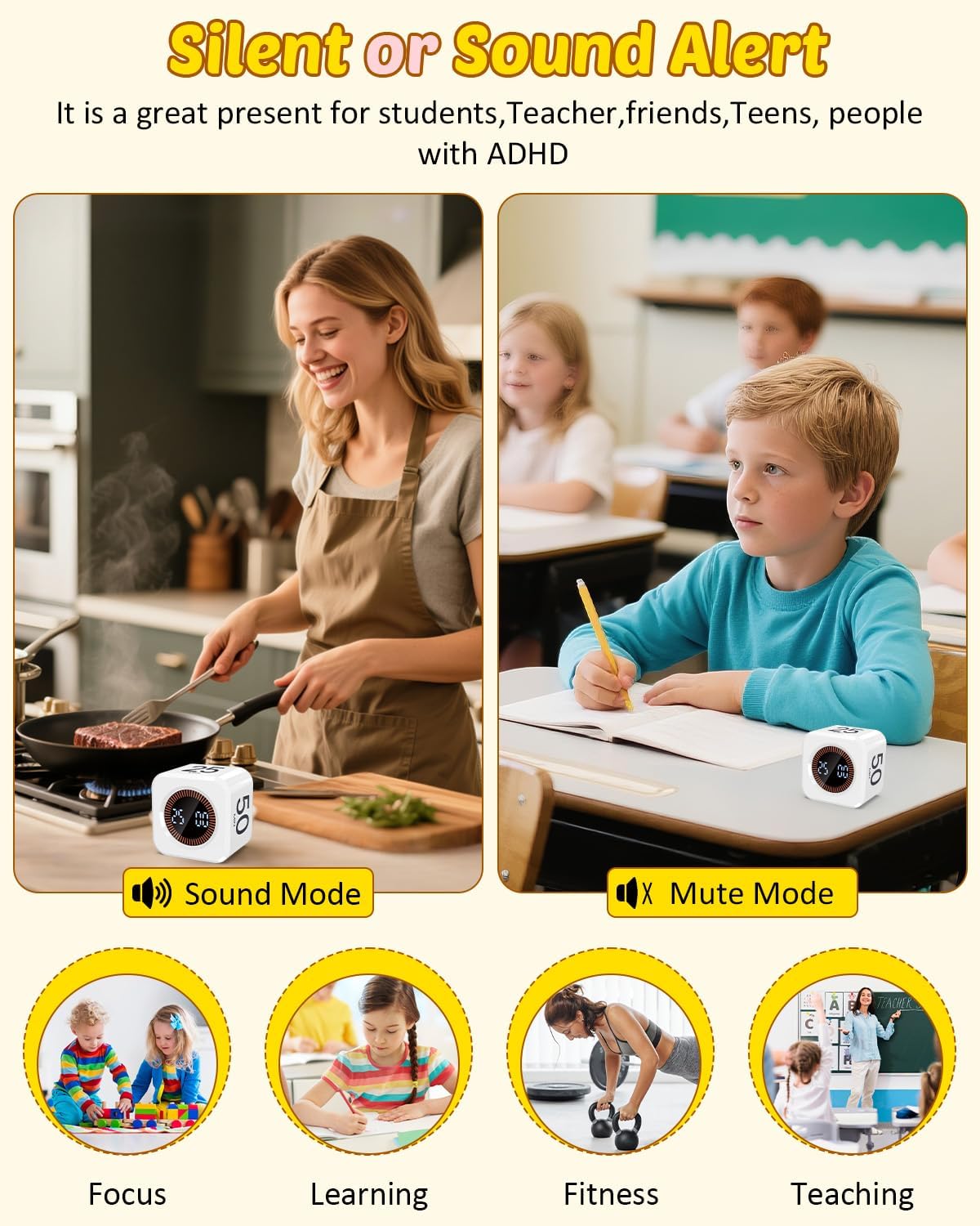 Digital Pomodoro Timer Cube 5/10/25/50min, Visual Productivity Flip Timer for Kids Classroom Desk, Custom Countdown, Silent and Sound Mode for ADHD Study Work Game Kitchen (White)