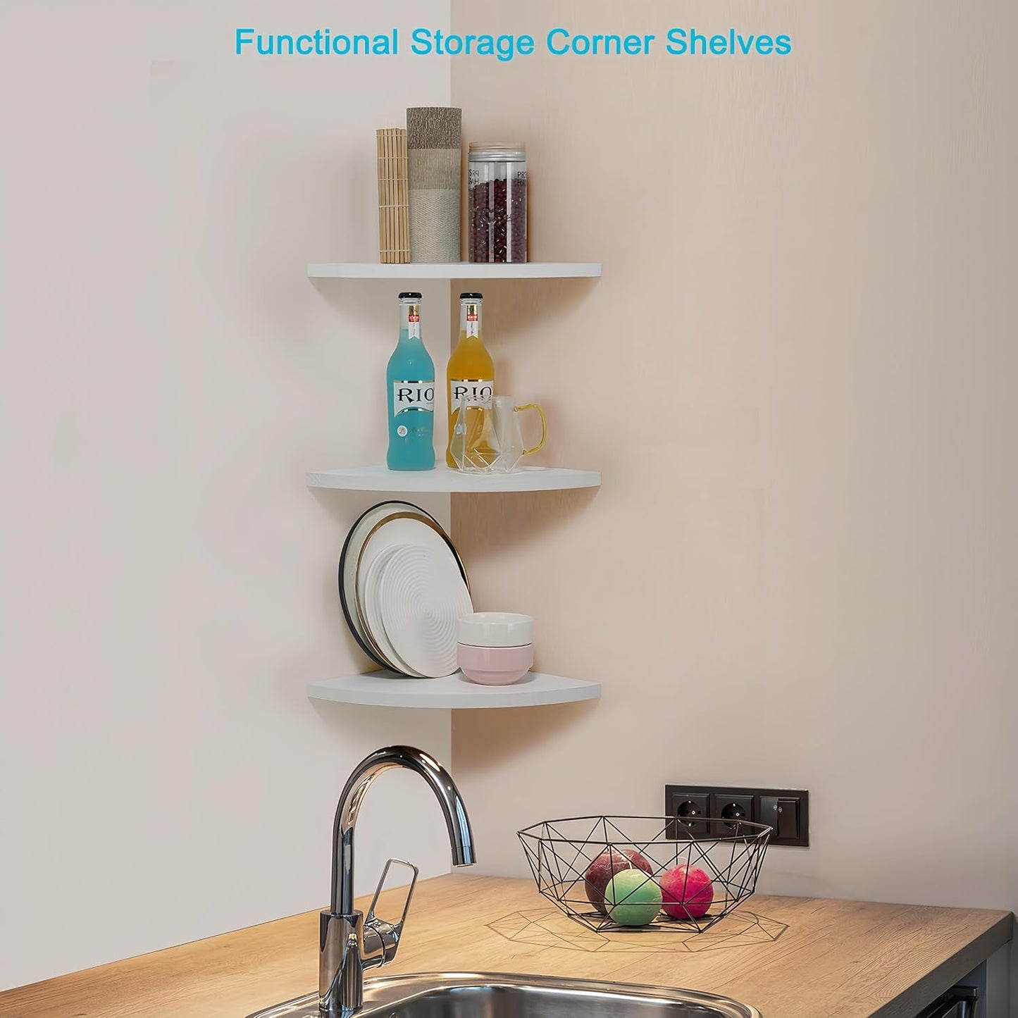 Corner Wall Shelves, Wood Corner Floating Shelves with Cable Raceway, Wall Mount Storage Display for TV Accessories, Monitor, Speaker, Cable Box, Game Console (White, Fan-Shaped- 10 Inch)