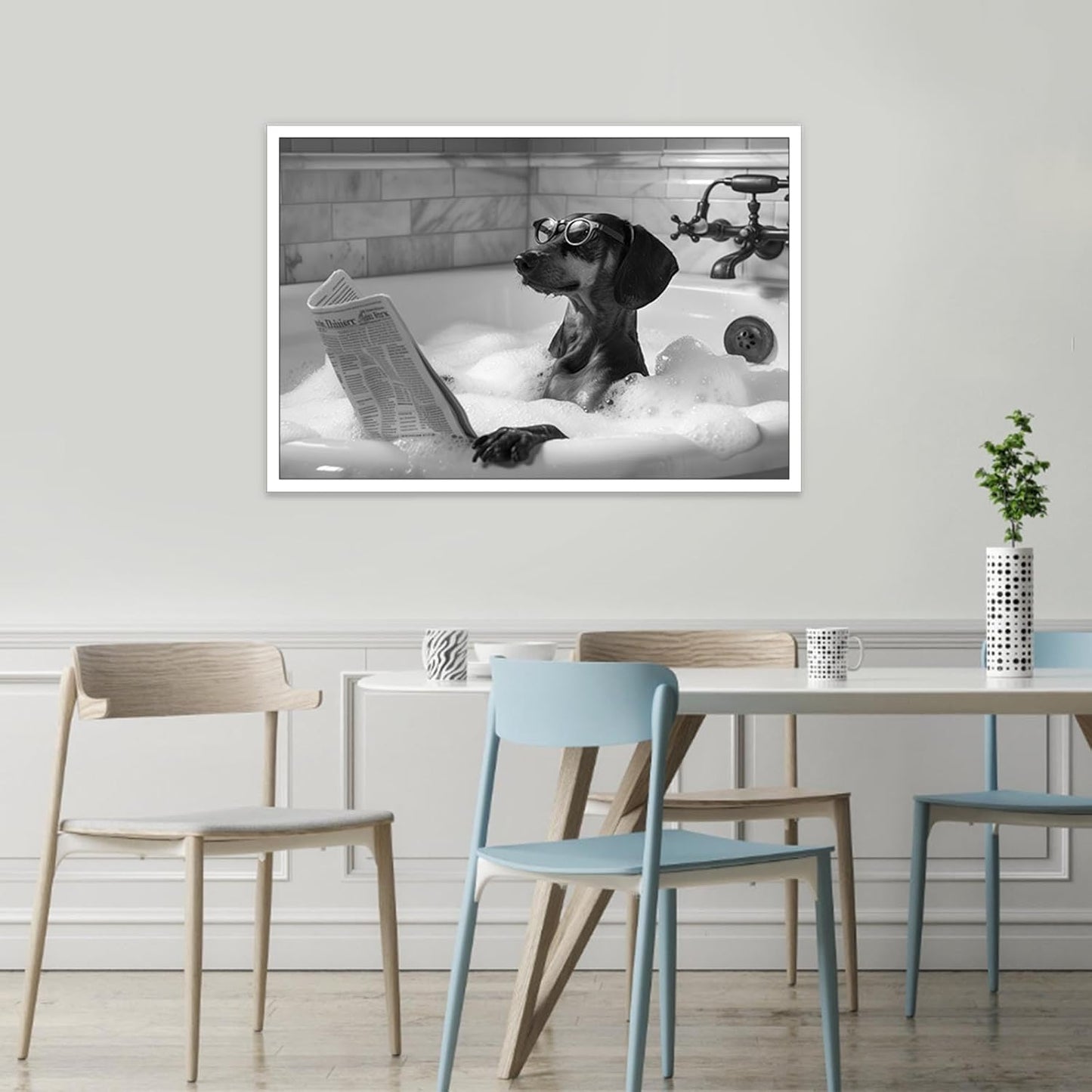 Funny Dachshund In Bathtub Wall Art Dog Reading Newspaper In Bubble Bath Poster Trendy Black And White Hilarious Animals Canvas Posters For Bedroom Dorm Hotel Aesthetic Decor 12x16in Unframed
