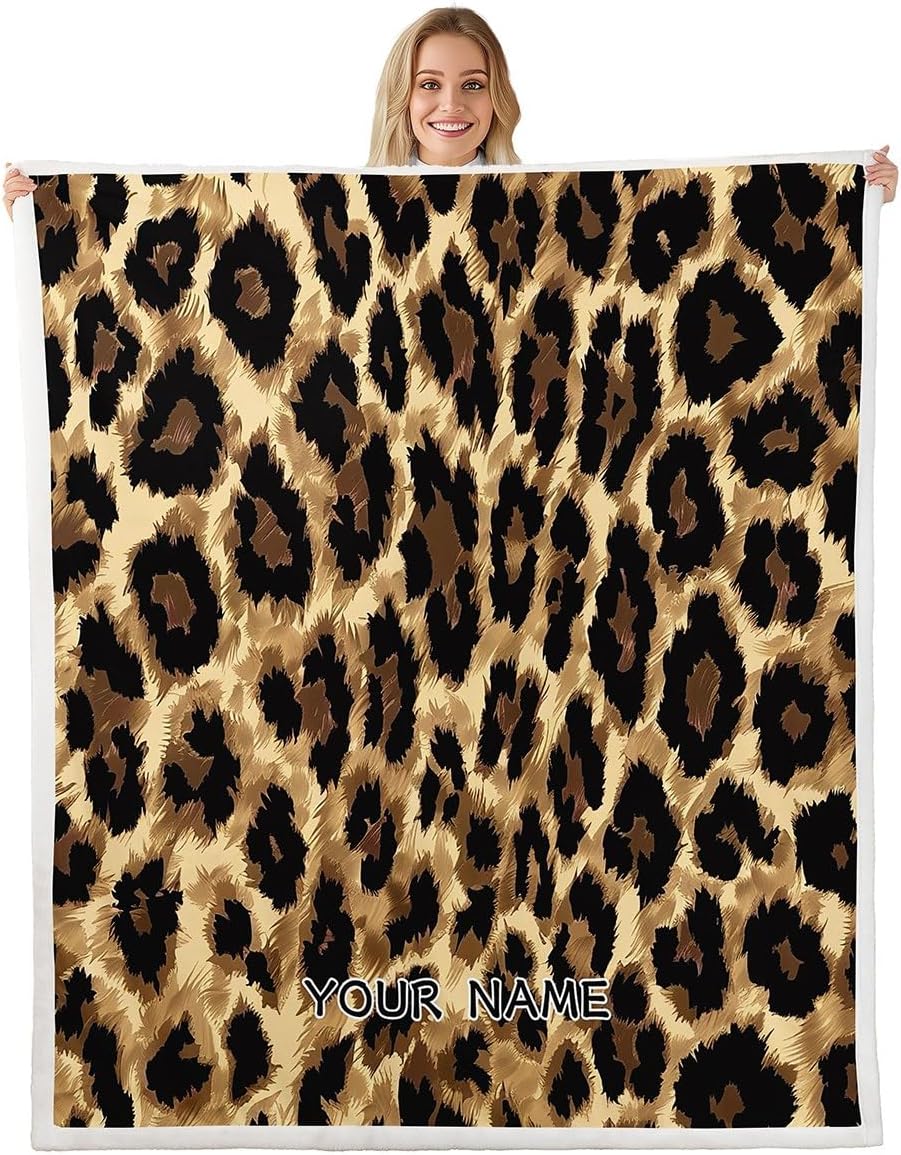 Custom Name Black Brown Leopard Print Blanket 50"x60" Women Cheetah Print Throw Blanket,Africa Big Cat Leopard Spot Fleece Blanket Wild Animal Hide Bed Blanket,Africa Wild Animal Theme Sofa Decor